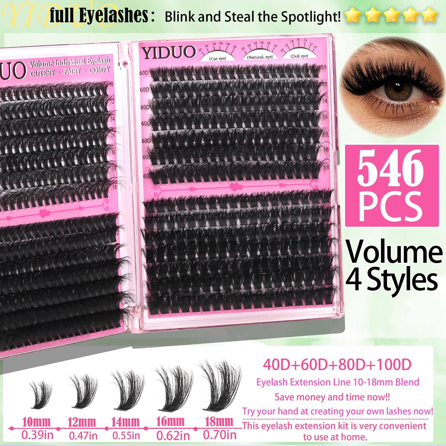 YIDUO 1846Pcs Lash Clusters Kit with Spikes+Bottom Cluster Lashes Kit Mix Styles 10-18mm Volume D Curly Wispy Soft DIY Individual Eyelash Extension Kit with Glue pestañas postizas Wholesale Large Pack