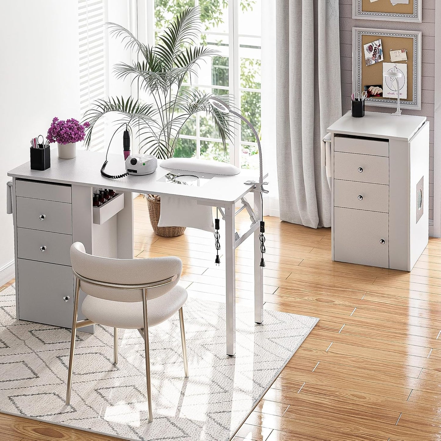 Foldable Nail Table - Manicure Desk with Dust Collector & LED Lamp | Compact Salon Workstation (White)