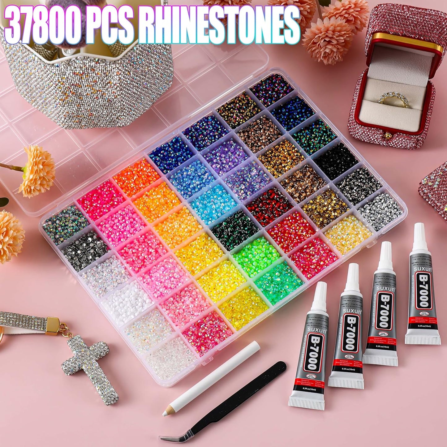 Bedazzling Kit - 37800 Pcs Resin Jelly Rhinestones with 42 Colors | 3mm Flatback Gems for Nail Art, Crafts & Clothing