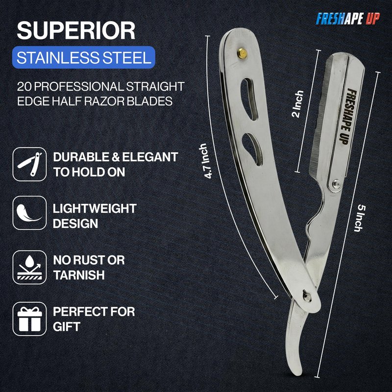 Freshape Up Professional Single Blade Razor for Men – Barber Straight Razor Safety Kit with 100 Single Edge Straight Razor Blades (4.4 cm) & 10 Hairline Wipes for Precise Shaving (Black & Gold)