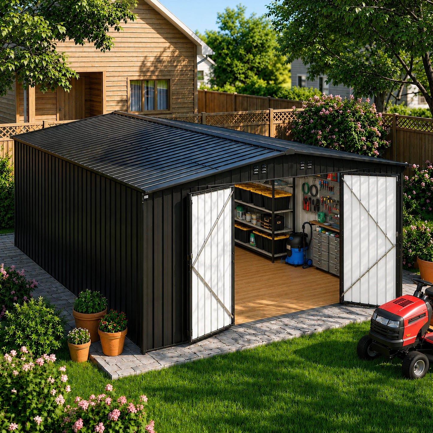 MNLR 10x14 FT Large Metal Storage Shed, Waterproof Outdoor Tool Shed with Lockable Double Hinged Door, Reinforced Frame Structure, Sloped Roof & Vents for Lawn Mower, Bikes & Patio Gear