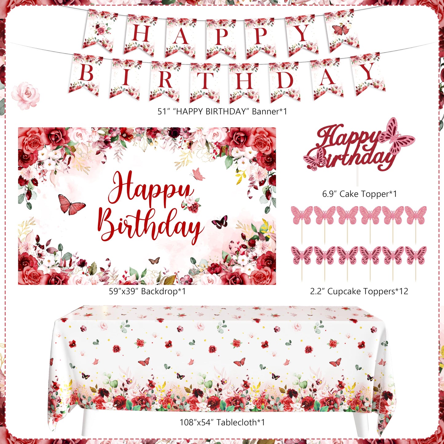Burgundy Birthday Decorations for Women Girls, 144PCS Red and Rose Gold Party Supplies with Happy Birthday Banner & Backdrop, Tablecloth, 3D Butterfly Stickers, Balloon Arch Kit for Birthday Decor