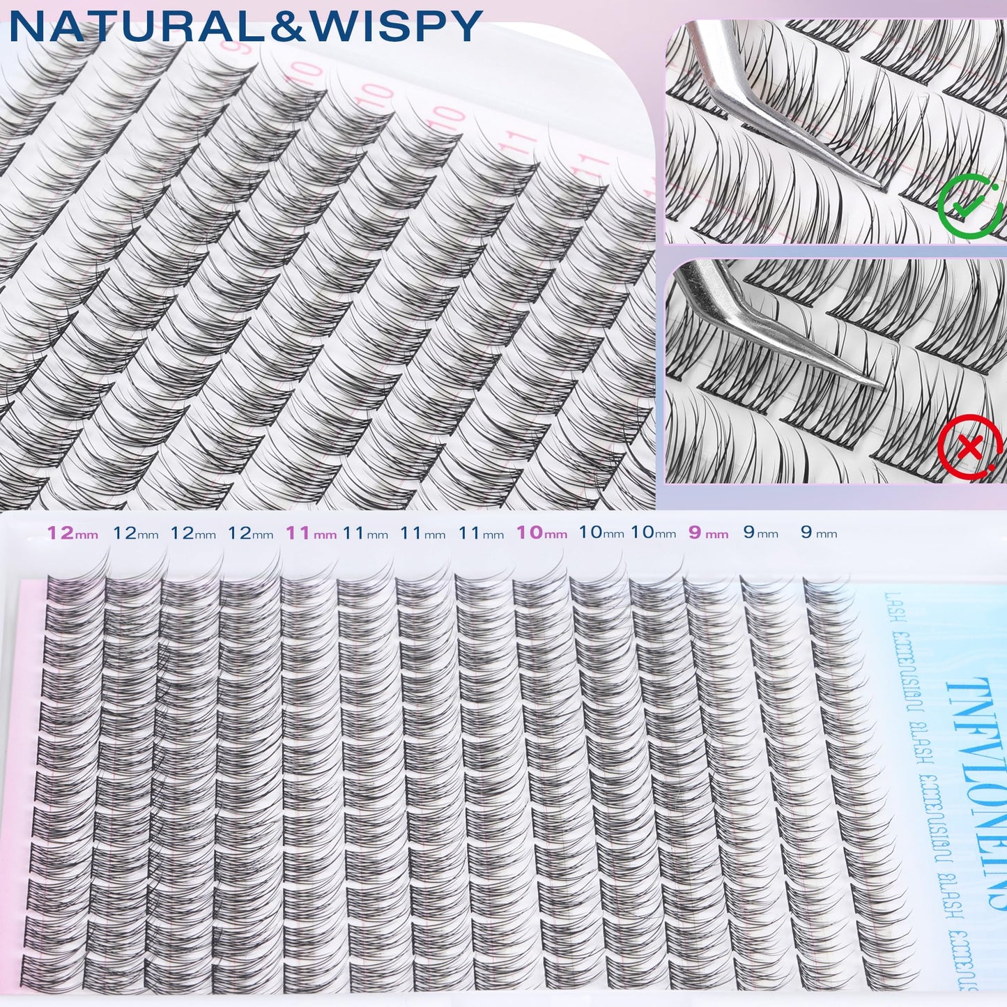 TNFVLONEINS Natural Lash Clusters Wispy Eyelash Clusters 9-12MM Short Lashes Clusters 168Pcs Cluster Eyelash Extensions Natural Look Individual Lashes Extensions DIY Cluster Lash Extensions