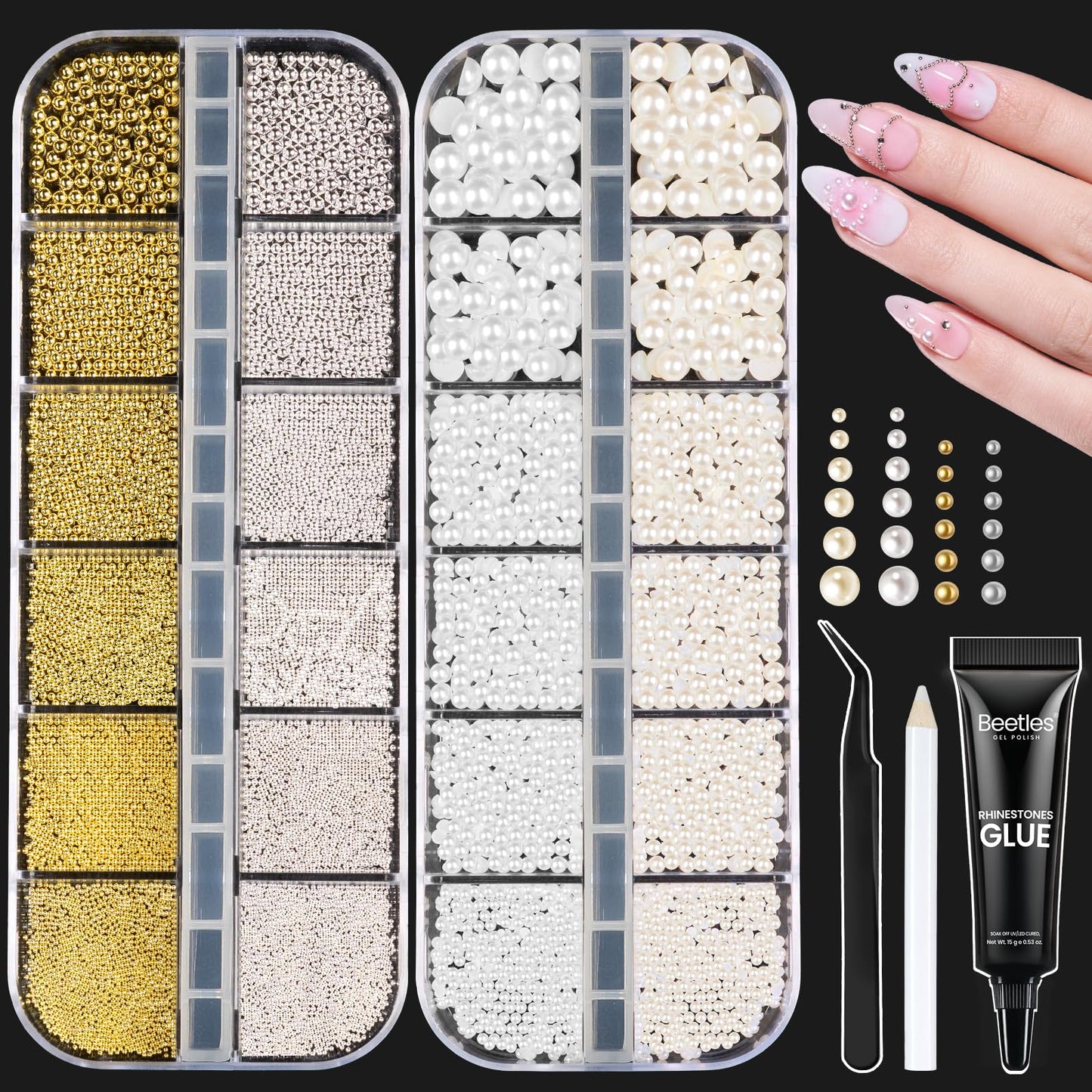Beetles 3D Nail Charms Gold Silver Nail Beads and White Pearl with 15g