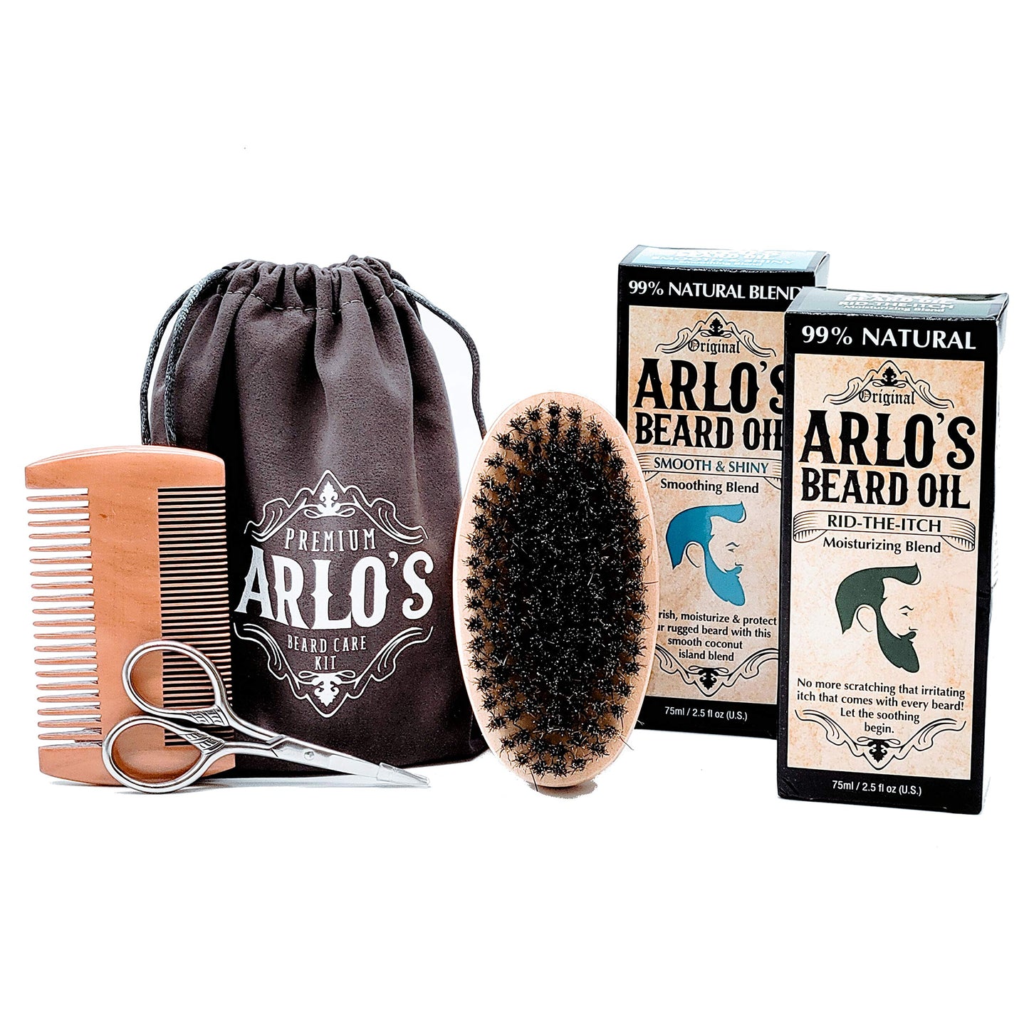 Arlo's 6-PC Mens Beard Grooming Set with Rid the Itch and Smooth and Shiny Beard Oils, Beard Brush, Beard Comb, Scissors, and Carrying Bag