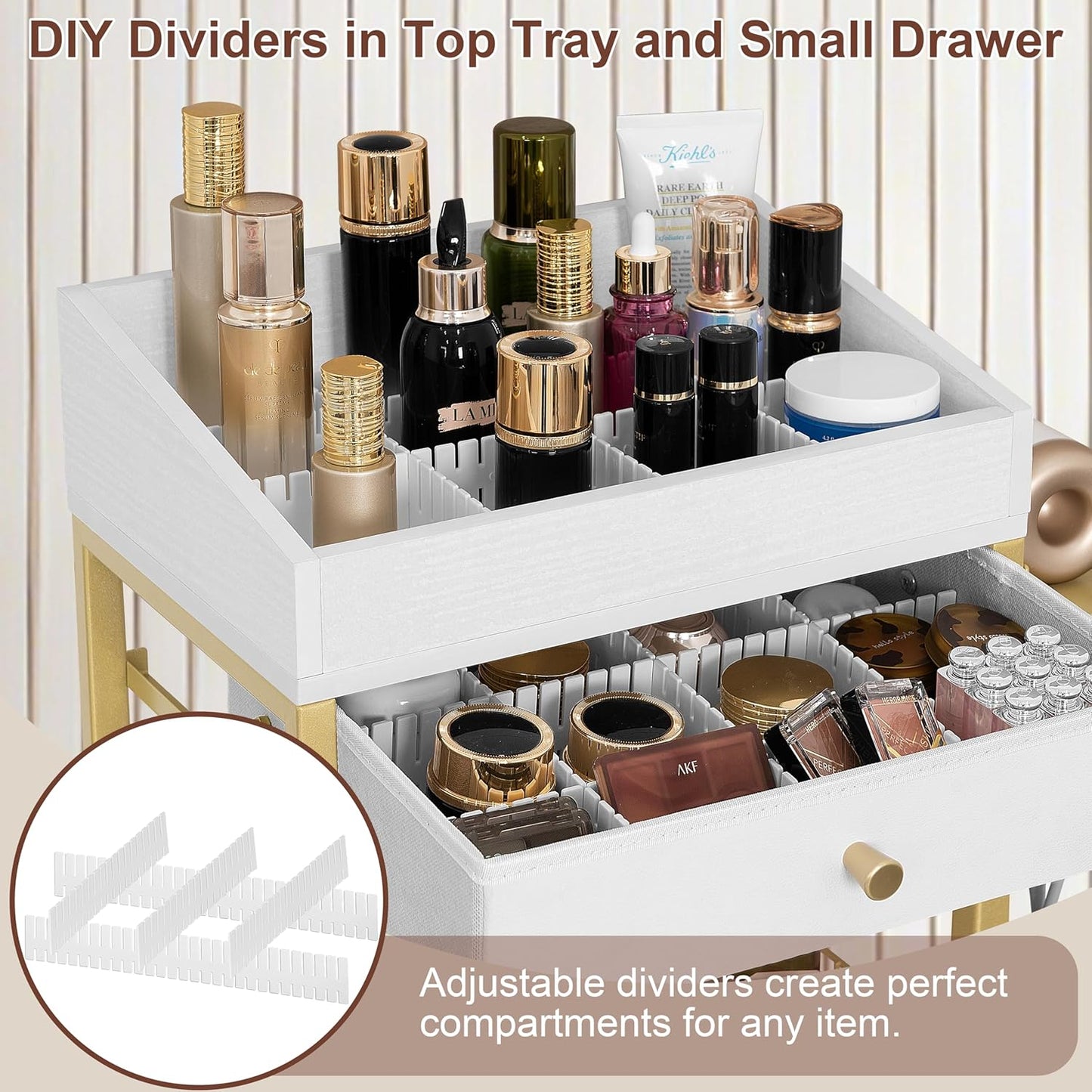 Makeup Organizer Cart - Rolling Vanity Storage with 3 Drawers & Adjustable Dividers | Gold & White