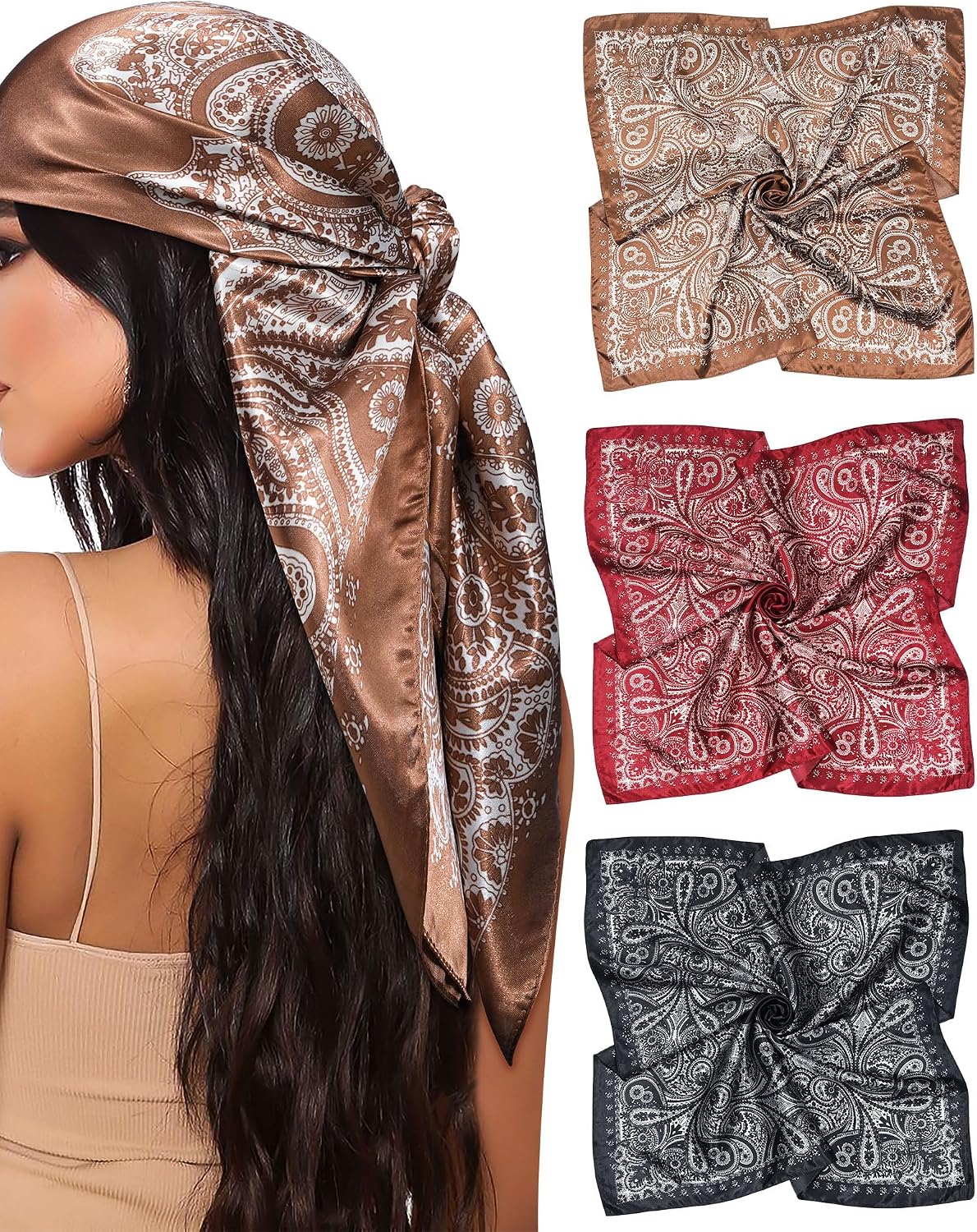 Silk Satin Head Scarf for Women - 35” Square Bandanas | 3 Pack Hair & Neck Scarves for Sleeping