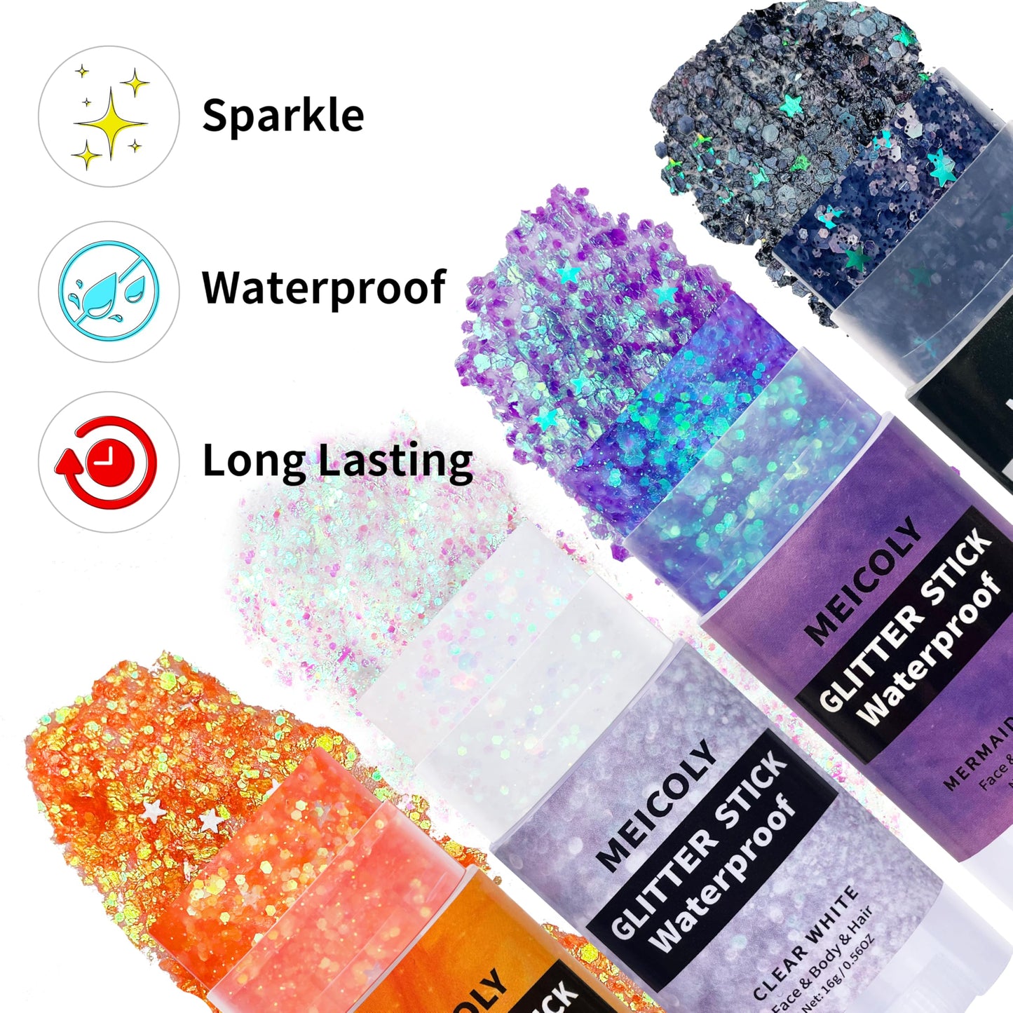 MEICOLY Clear White Hair Glitter Stick,Body Glitter Stick for Women,Sparkle Glitter Fairy Makeup,Waterproof Mermaid Costume Face Glitter,for Party Rave Festival