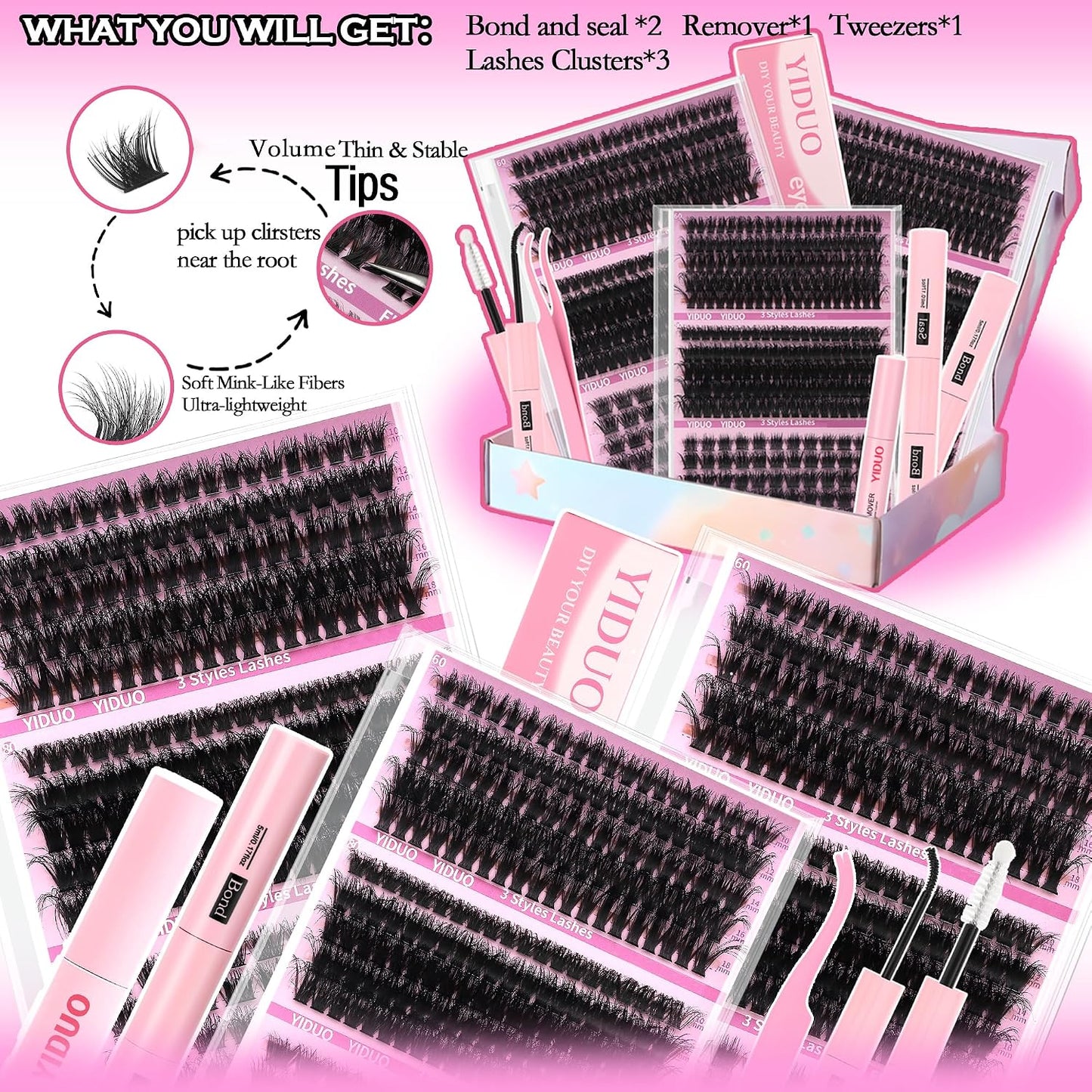 Lash Clusters Kit - 770 Pcs Faux Mink Volume Extensions | 5 Styles for DIY Home Use