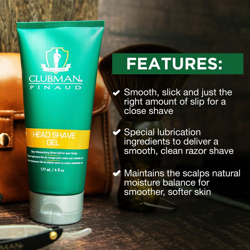 Clubman Pinaud Head Shave Gel for Men – Clear Moisturizing Shaving Gel for Men, Hydrating Facial Hair for Sensitive Skin, Barber Supplies, 6 fl oz