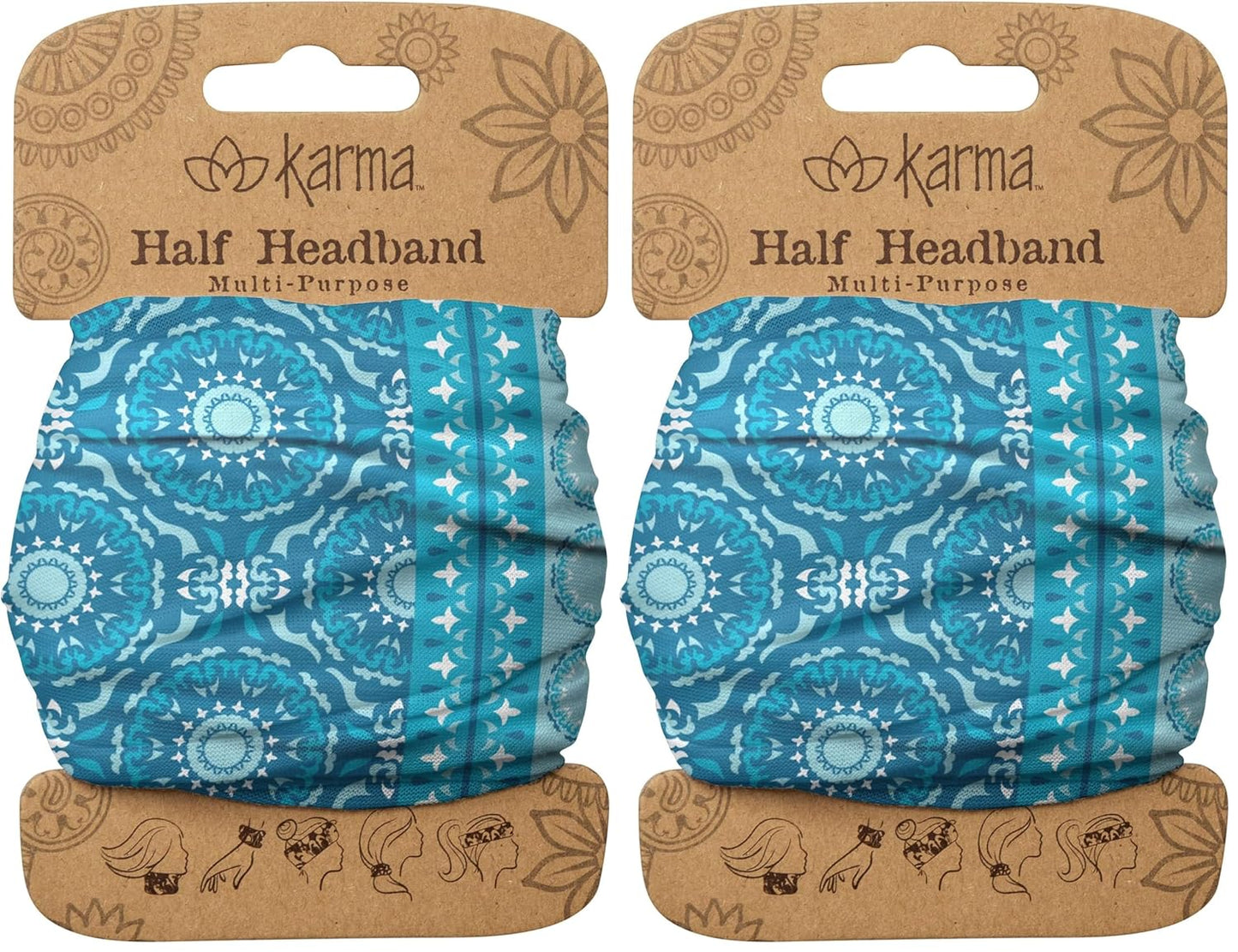 Floral Headband for Women | Stretchy Fabric Hair Scarf - Light Tan & Blue - Medium Size