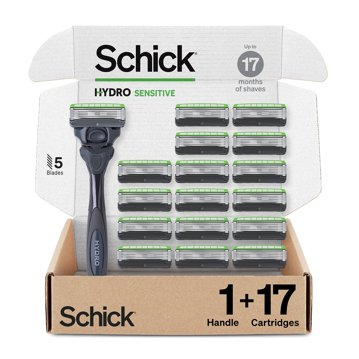 Schick Hydro Sensitive Razors for Men | 5-Blade Mens Razors for Shaving,1 Mens Razor Handle with 17 Razor Blades Refills,(Pack of 12)
