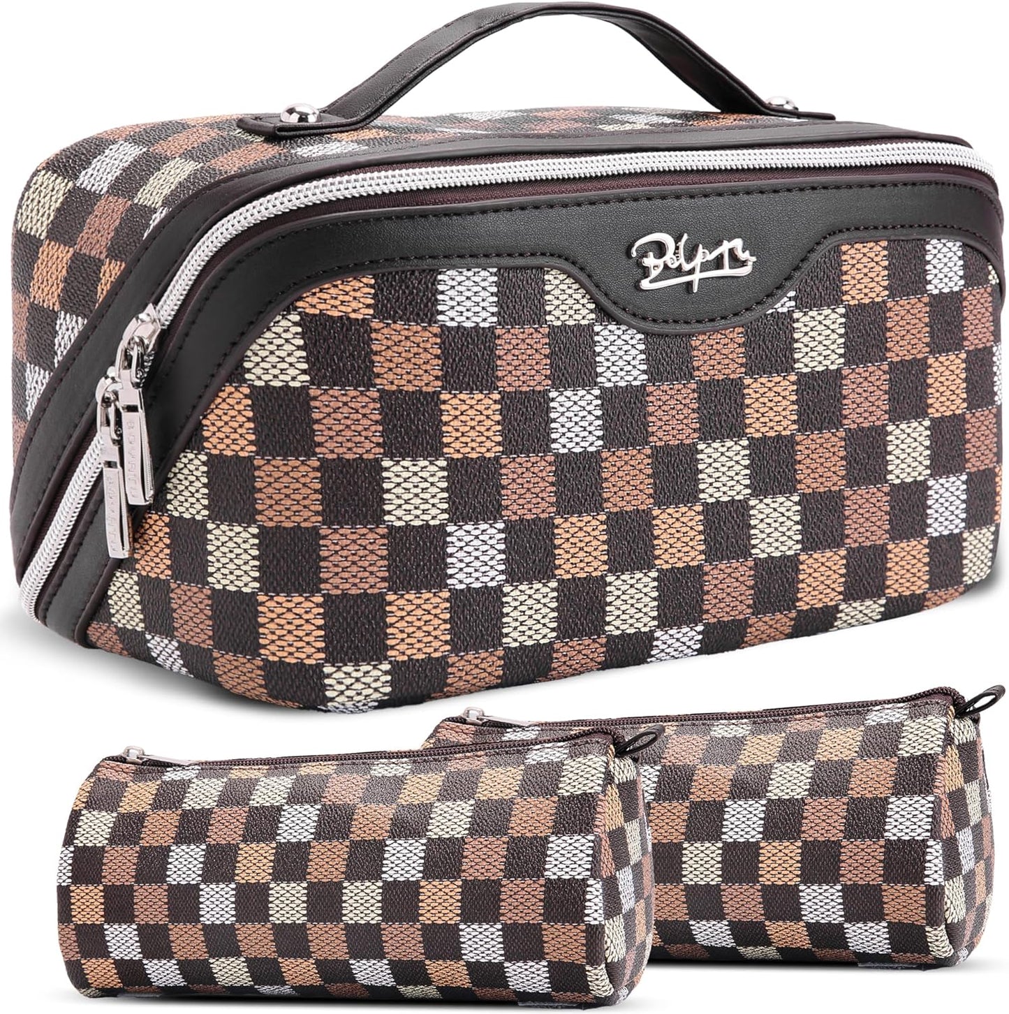 Travel Makeup Bag Organizer Set - 3 Pcs Waterproof Vegan Leather Cosmetic Bags for Women | Black