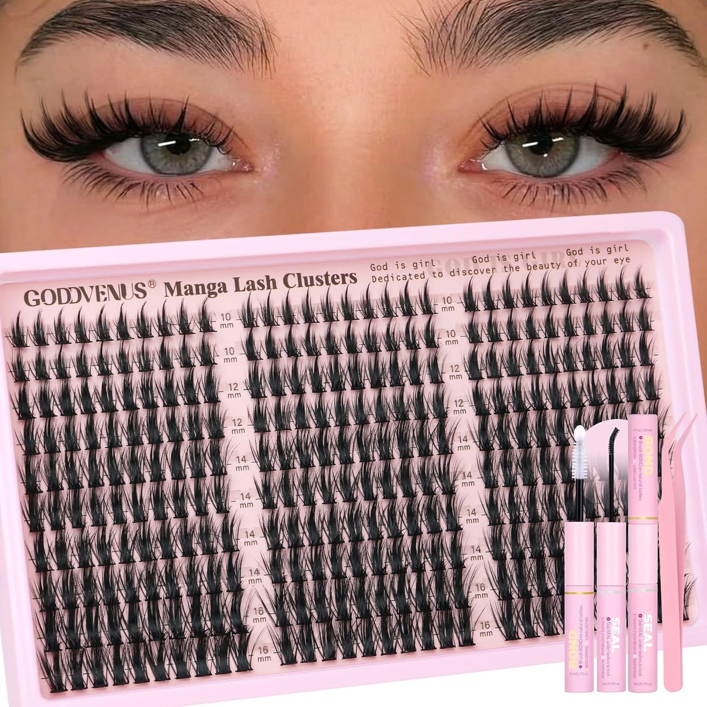 Goddvenus Manga Lash Clusters Kit - 300 Pcs Wispy Fluffy Eyelash Extensions | CC Curve 10-16mm for Anime Cosplay