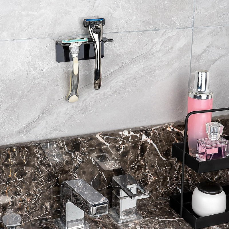 LUEXBOX Safety Razor Holder for Shower Wall, Self Adhesive Razor and Brush Stand for Bathroom, Shaving Brush Stand Compatible with Fusion 5 Proglide, Mach 3 Classic(Black Clear)