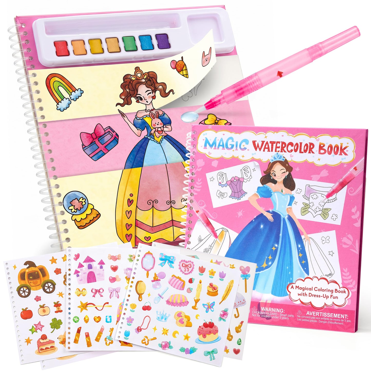 JoyCat Mix & Match Paint with Water Coloring Books, Watercolor & Sticker Activities - 150 Pcs Stickers for Kids Ages 3-8, Toddler Painting Sets Art & Craft Drawing Toy Gifts for Boys Girls (Princess)