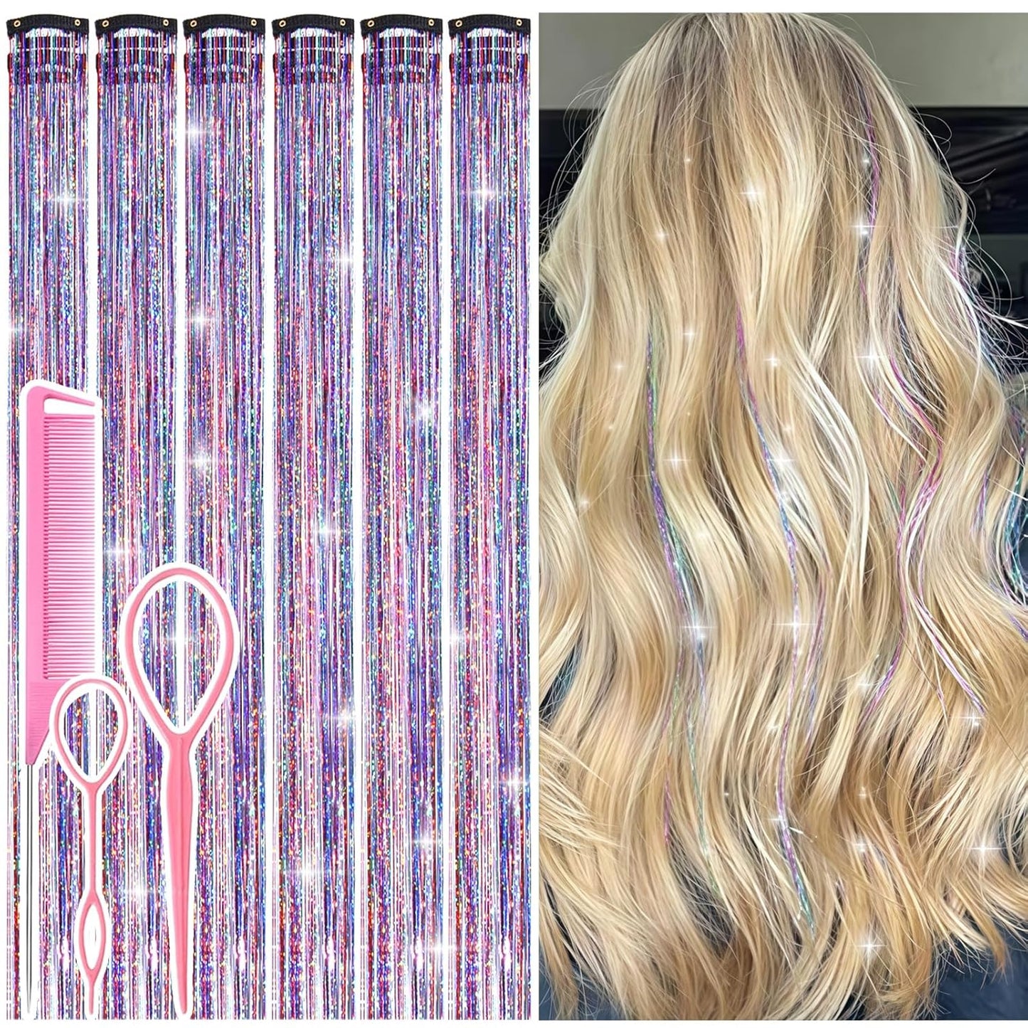 Hair Tinsel Kit - 12 Pcs 24 Inch Gold Glitter Clip-In Hair Extensions for Girls & Women | Perfect for Christmas & New Year Parties