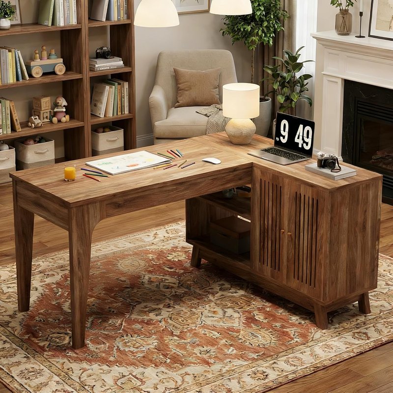 L Shaped Desk with Storage Cabinet - 57" Modern Corner Computer Desk | Space-Saving Wood Writing Desk for Home Office