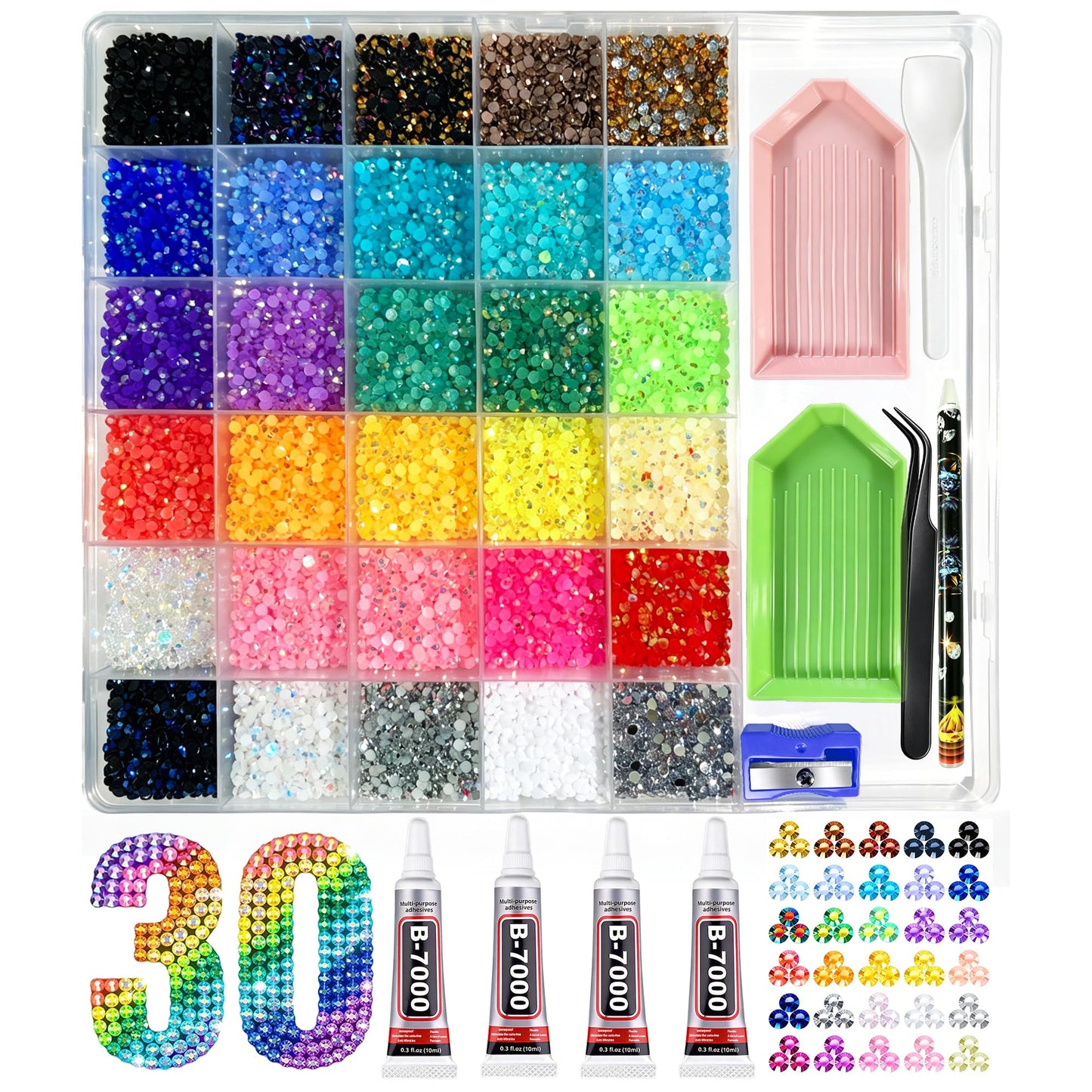 40000 Pcs Resin Jelly Rhinestones Bedazzling Kit All-in-One Bedazzler Kits with 4Pcs 10ml B7000 Jewelry Glue & Tools, 30 Colors 3mm Rhinestones Kit for Bedazzling for DIY Art & Crafts Gifts