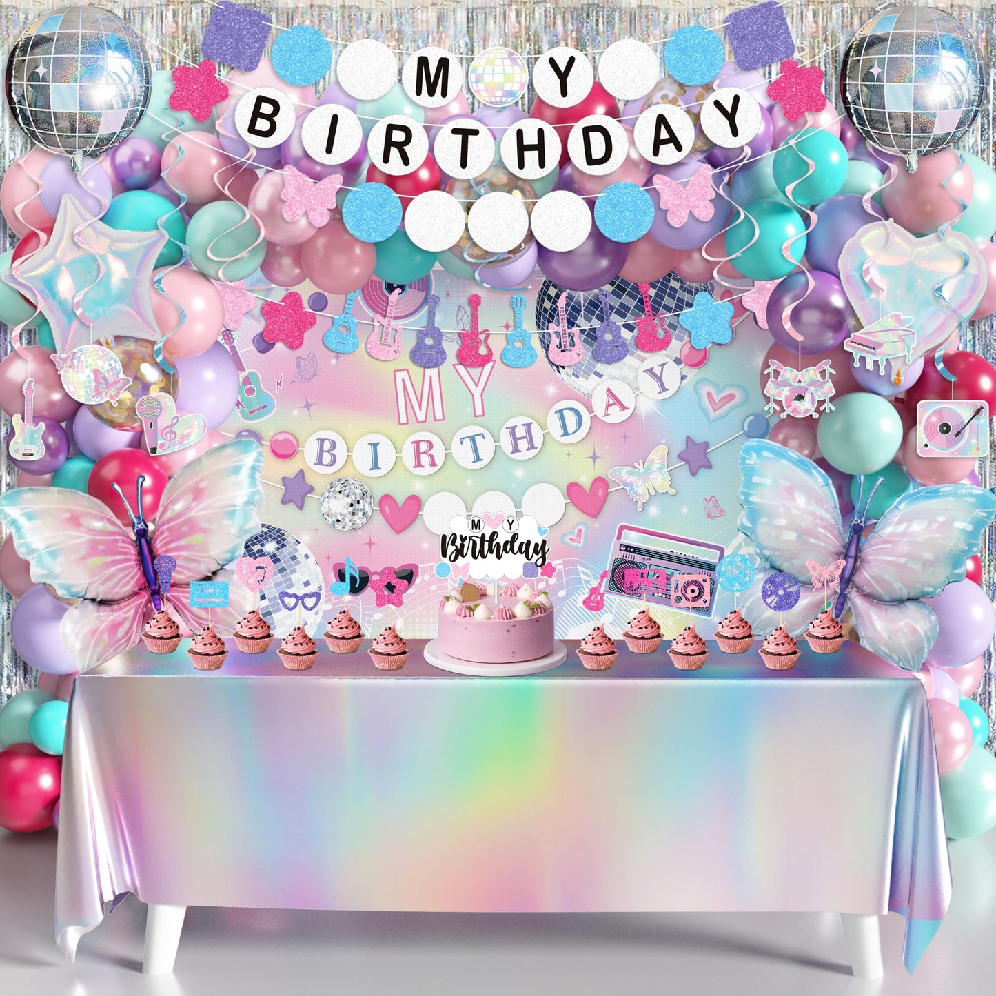 Music Birthday Decorations, Popular Singer Theme Party Supplies for Girls Pink Purple Balloon Arch Friendship Bracelet Garland Backdrop Cake Toppers Hanging Swirls