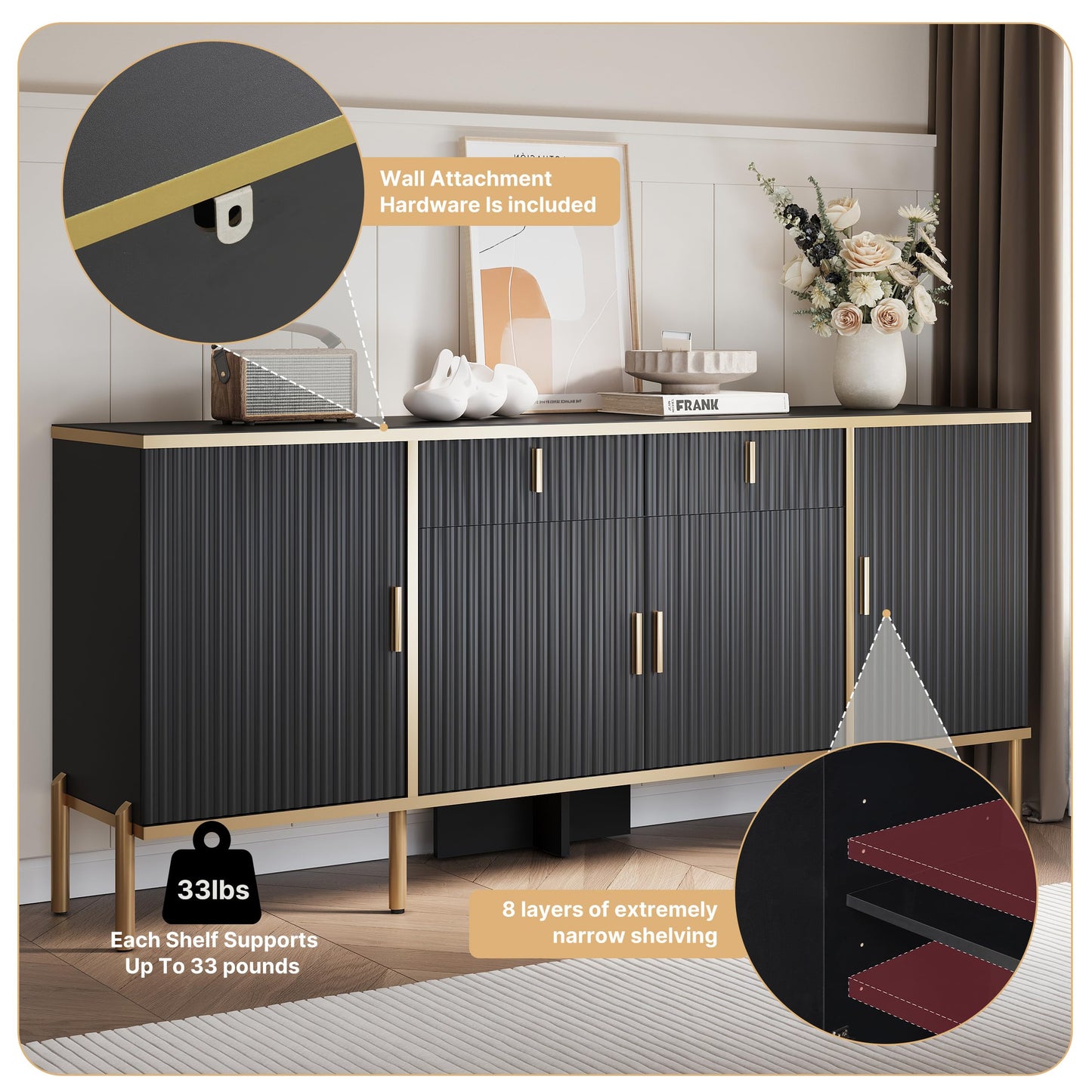 oneinmil 60” Modern Sideboard Buffet Cabinet, Fluted Storage Sideboard with Adjustable Shelves & Pop-Up Doors, Multifunctional Accent Cabinet for Kitchen, Living Room, Hallway, Black and Gold