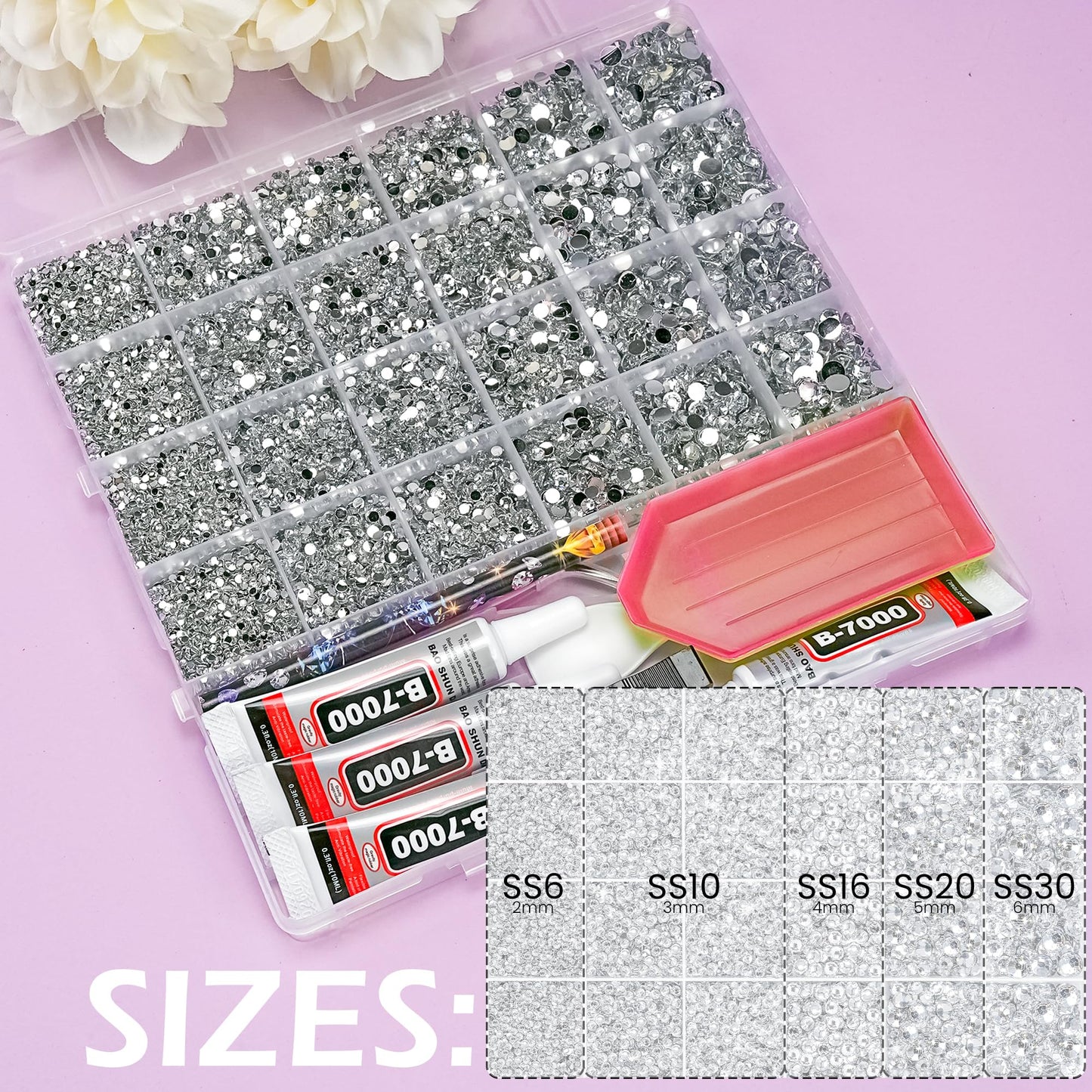 LOTWOW Silver Bedazzler Kit with Rhinestones, 35000PCS Multi Size Rhinestones for Bedazzling, Nail Gems Diamond Art Kits with Pickup Pen, B7000 Glue, Diamond Art Glitter Gem Sequins Craft Set