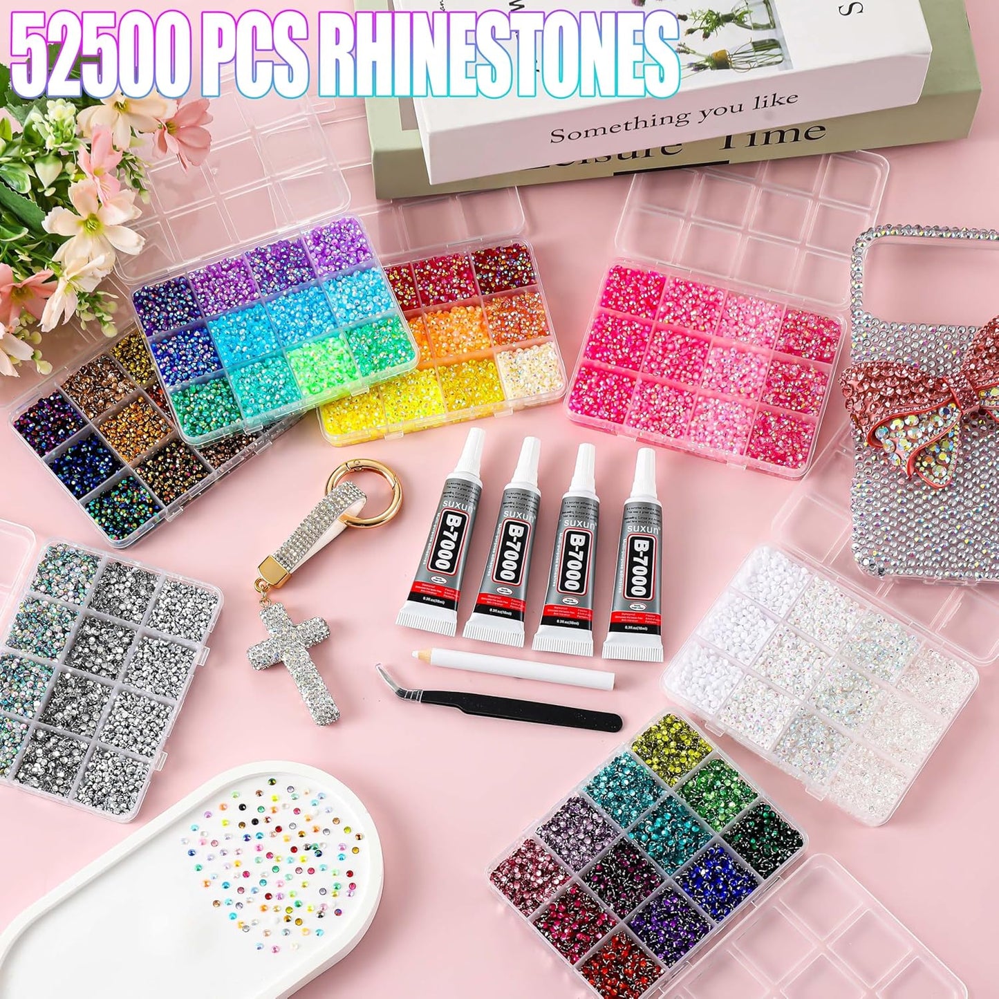 Rhinestone Bedazzling Kit - 52500 Pcs 3mm Flatback Gems with B7000 Glue, Tweezers & Pickup Pen | 59 Colors for Nail Art & Crafts
