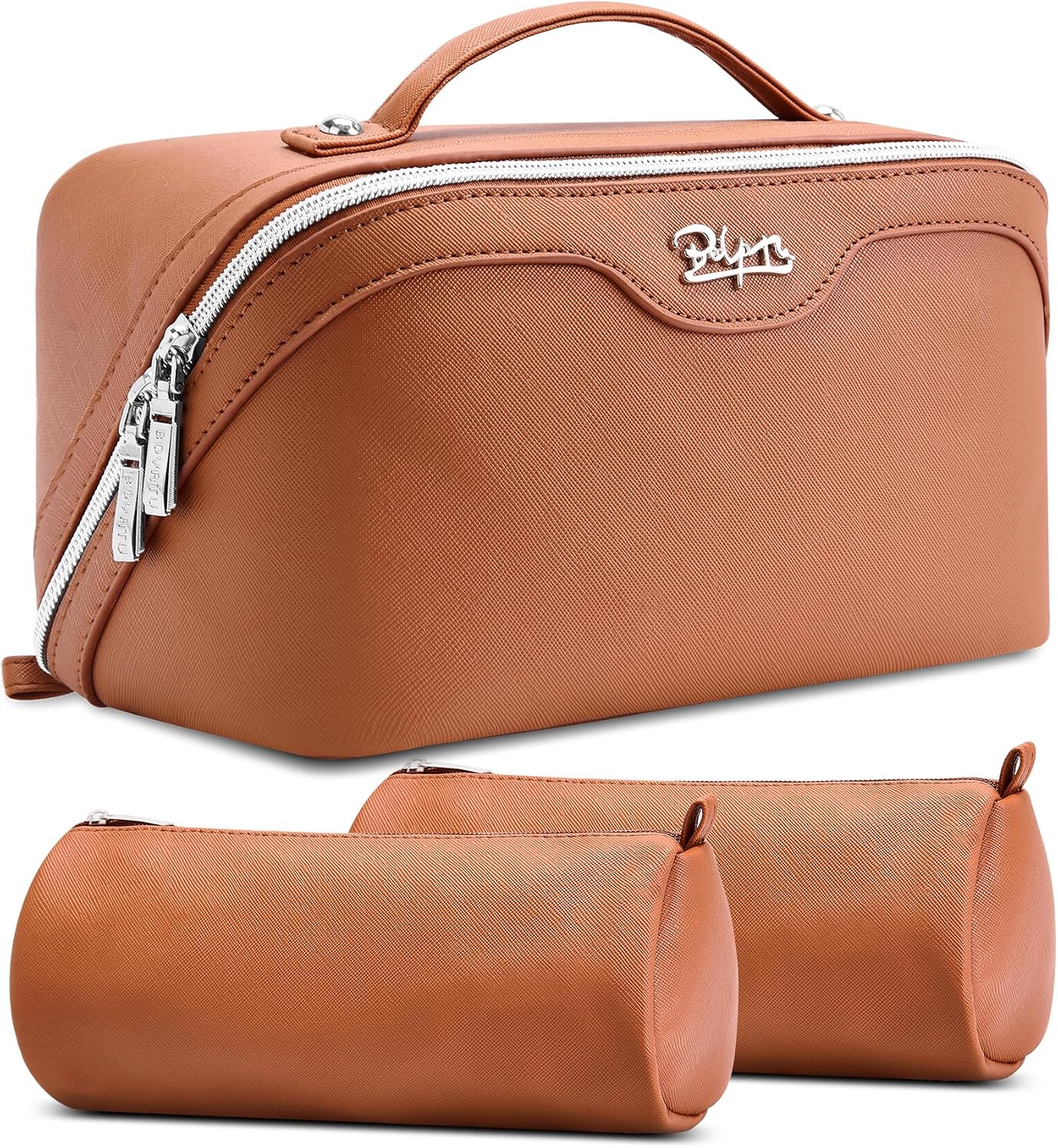 Travel Makeup Bag Organizer Set - 3 Pcs Waterproof Vegan Leather Cosmetic Bags for Women | Black