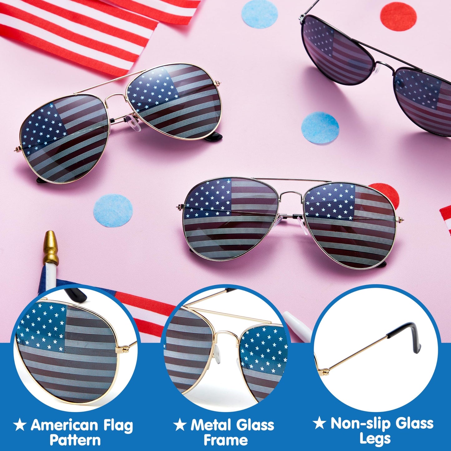JOYIN 3 Pcs July 4th American Flag Sunglasses, Fourth of July Patriotic Sunglasses with Gold Silver and Black Frame, Red White Blue American Glasses for 4th of July Accessories, Party Favor