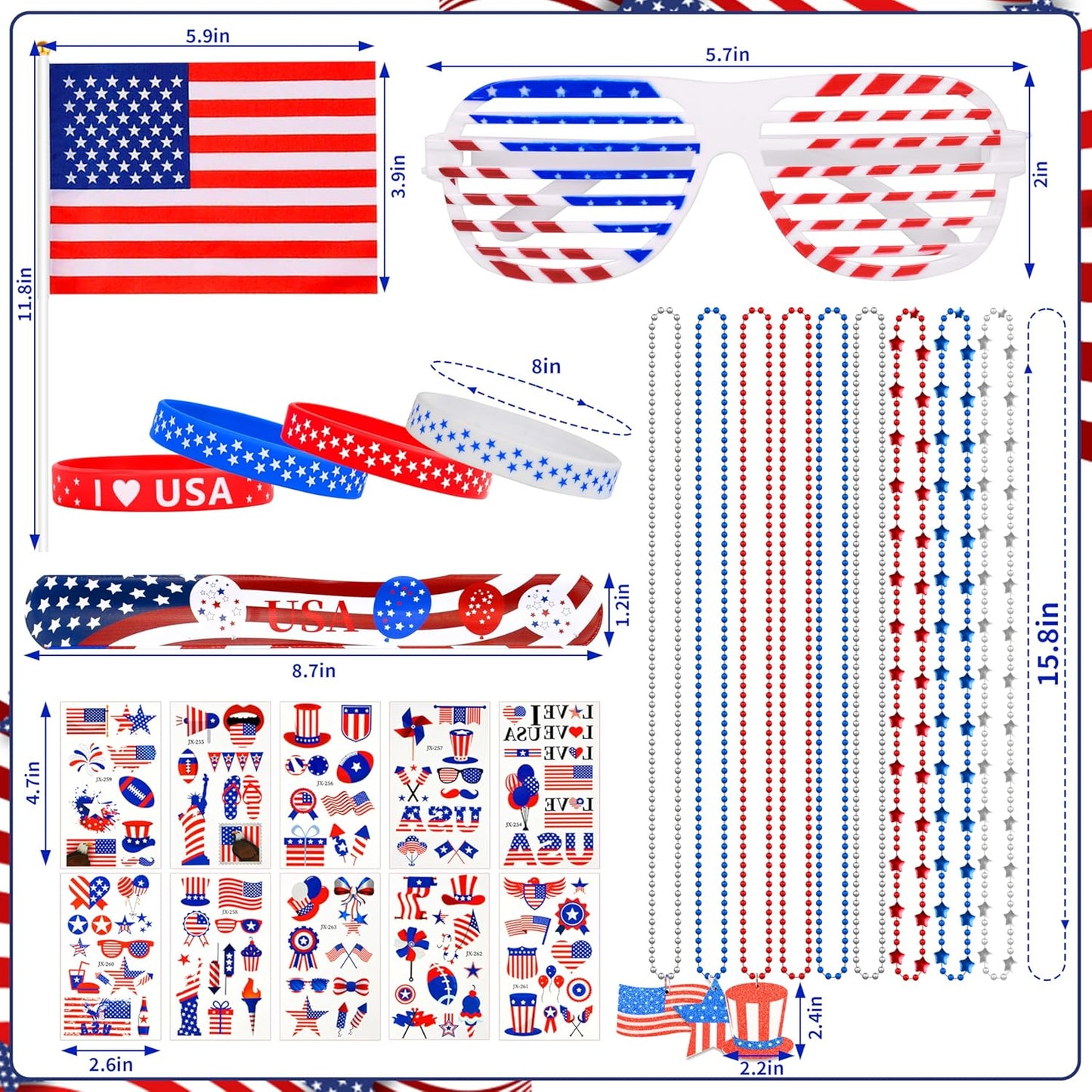 4th of July Patriotic Accessories Set - 147 Pcs Glasses, Necklaces, Bracelets & Tattoos | Independence Day Party Decor