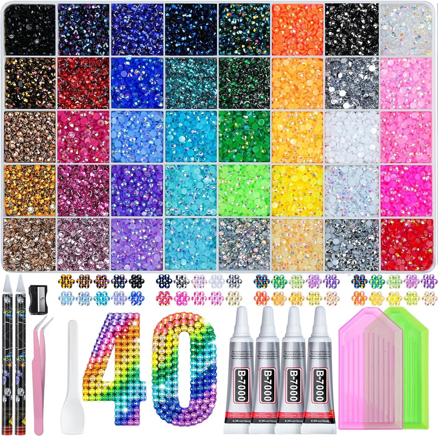 Bedazzling Kit - 50000 Pcs Rhinestones 3mm | 40 Colors Nail Gems & Glitter Art Supplies with Pickup Pen & B7000 Glue