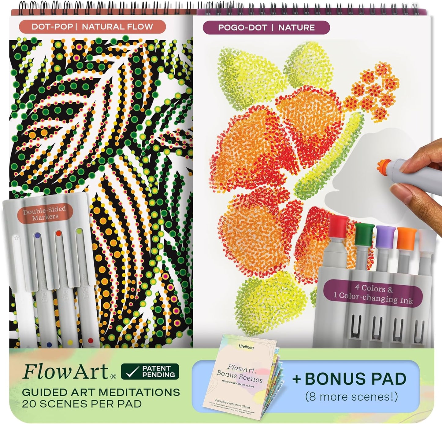 FlowArt Mini Activity Pads - Guided Dot-by-Letter Art Meditations | 3-Pack with 15 Markers & 60 Scenes for All Ages