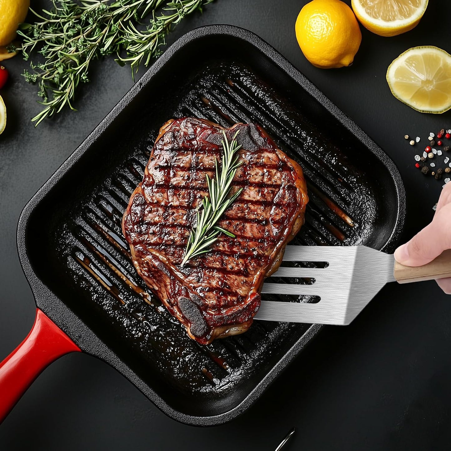 Stainless Steel Spatula Set - 2 Metal Spatulas with Wooden Handles for Cast Iron | Ideal for Frying Steak, Pancakes & More