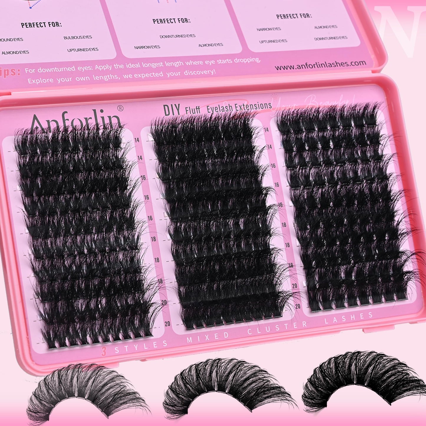 Thick Lash Clusters 14-20MM Volume Lash Extension 80D+180D+280D Eyelash Clusters 3 Styles Individual Lashes 280pcs Eyelash Extensions D Curly Lash Extension DIY at Home by Anforlin