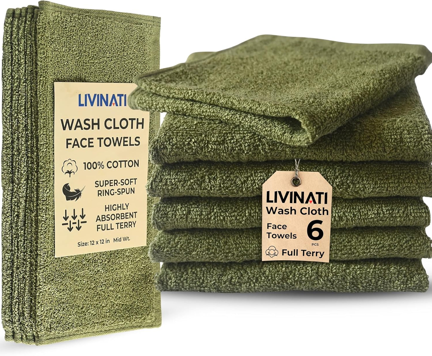 Lemon Lime 100% Cotton Wash Cloths - Soft Absorbent Terry Towels | 12"x12" | 6 Pack for Adults & Kids