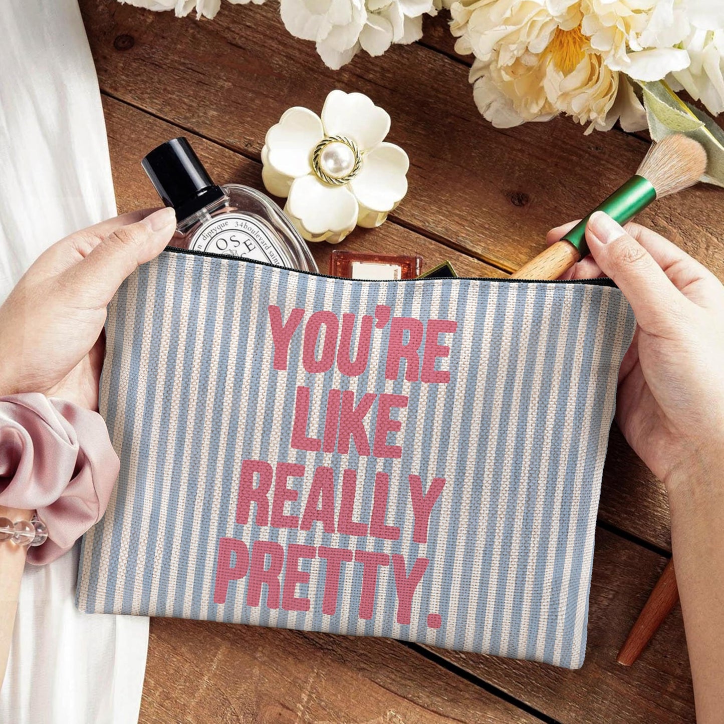 Yomisex Preppy Blue Aesthetic Makeup Bag, Trendy Girly Blue Pink Striped Cosmetic Bags Toiletry Bag for Women, Inspirational Gifts, You're Like Really Pretty Makeup Pouch