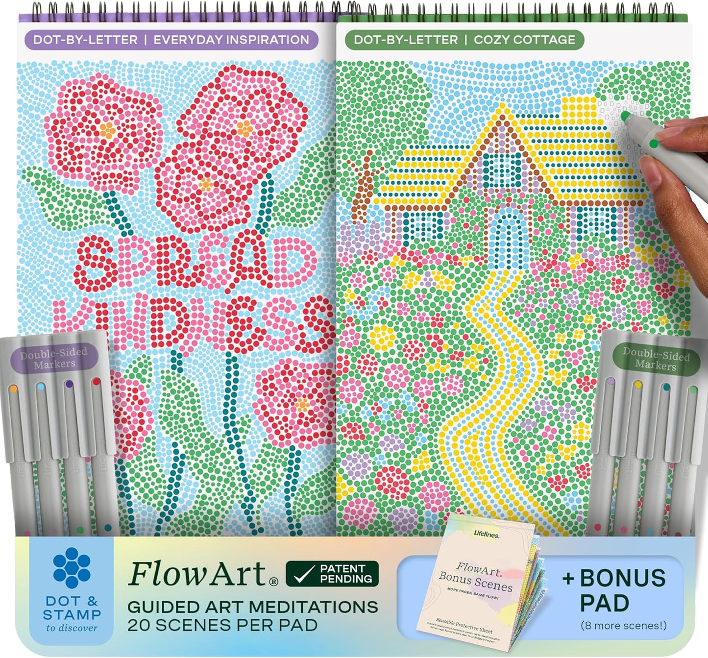 FlowArt Mini Activity Pads - Guided Dot-by-Letter Art Meditations | 3-Pack with 15 Markers & 60 Scenes for All Ages