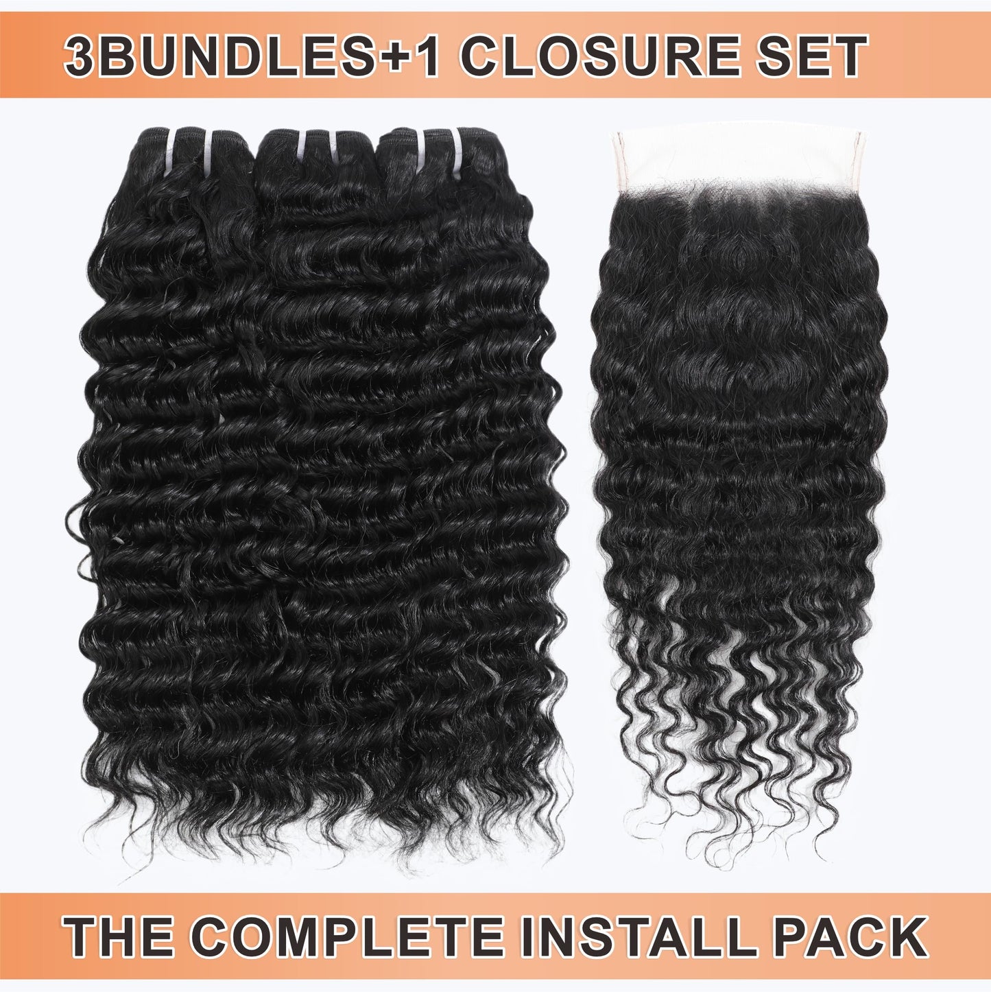 Deep Wave Bundles with Closure (20" 22" 24"+18") Deep Curly 3 Bundles and 5x5 HD Lace Closure 12A Wet and Wavy Brazilian Unprocessed Human Hair Extensions Double Weft Quick Weave Bundle for Women