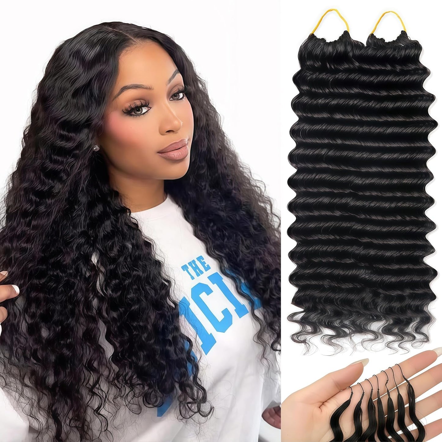 Human Crochet Hair for Black Women - 18" Deep Wave Extensions | Invisible Knots, Pre-Separated Bundles in Natural Color