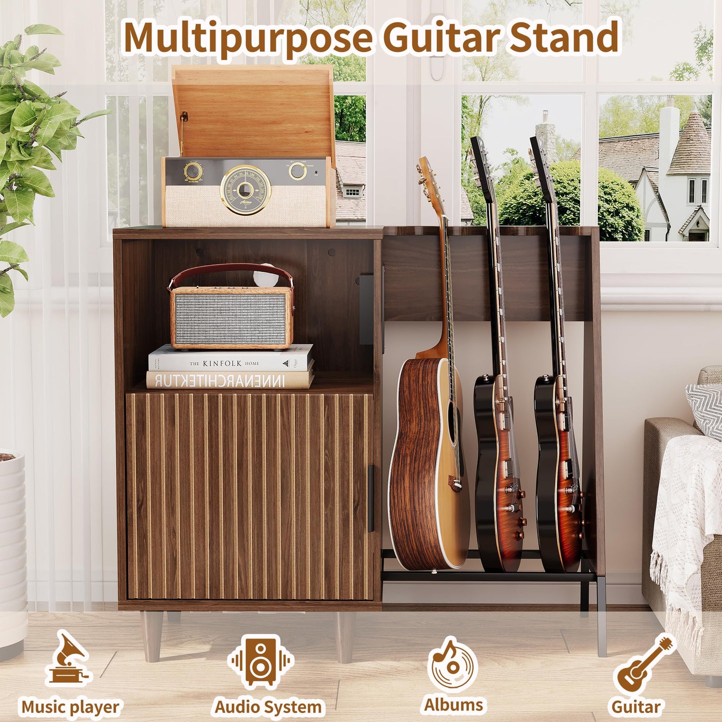 WLLPNG Guitar Stand with Vinyl Record Storage, Record Player Stand with Multiple Guitars Holder, Built-in Power Outlet, Guitar Amp Stand for Acoustic, Electric Guitar, Bass, Speaker, Amp