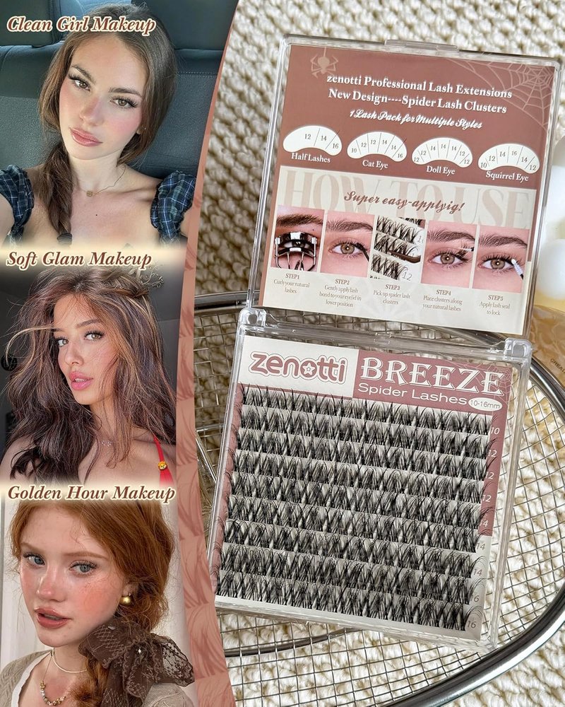 Spider Lash Clusters - Natural Breeze Wispy Eyelash Extensions | D Curl 10-16mm Clear Band Lashes