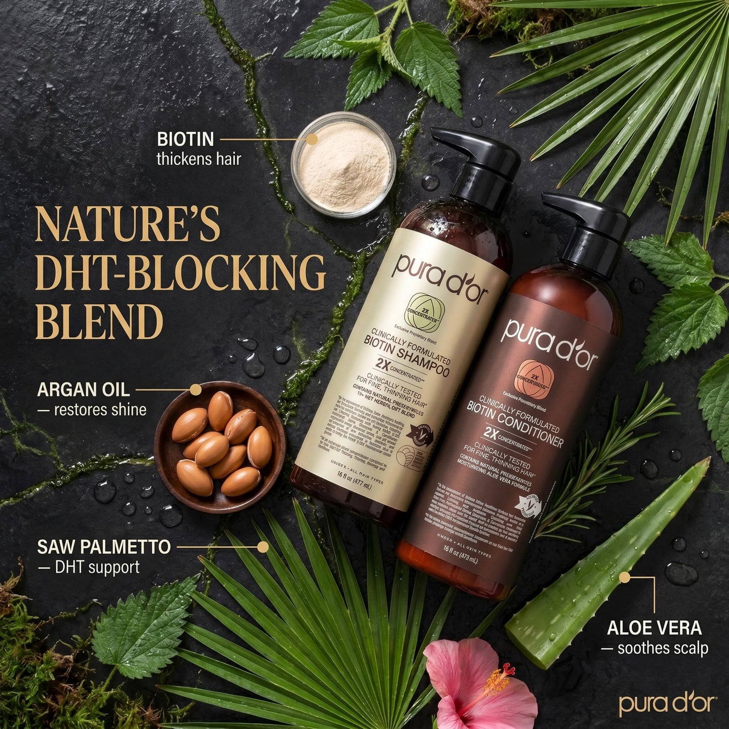 PURA D'OR Clinically Formulated Biotin Shampoo & Hair Regrowth Conditioner For Hair Thinning - 2X Concentrated Proprietary Thickening Blend For Women & Men, Sulfate Free, Botanical Zen Scent,16oz x2