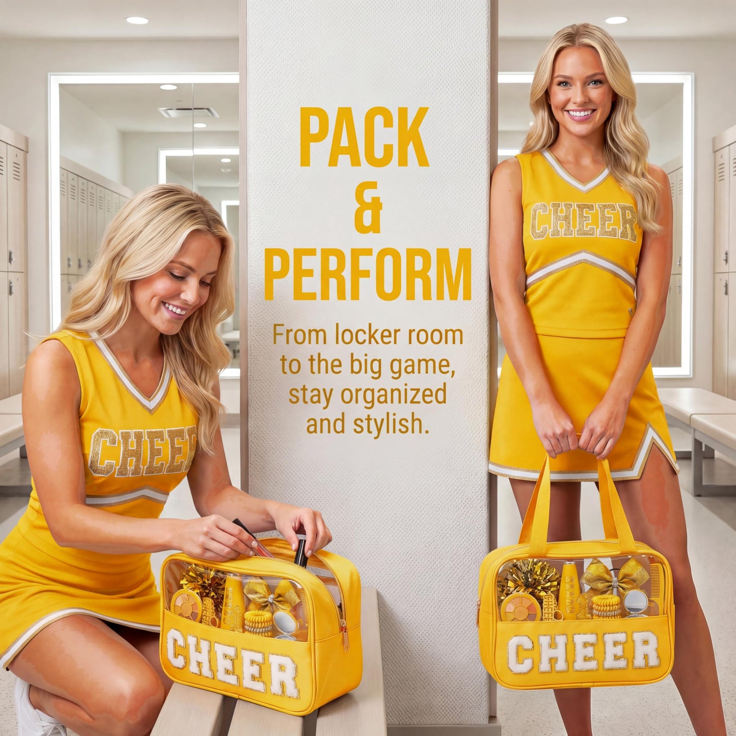 KYTACCU Cheer Makeup Bag Cheerleader Gifts Cheer Chenille Letter Cosmetic Bag Cheerleading Competition Accessories Clear Travel Toiletry Pouch for Girls Women-Yellow