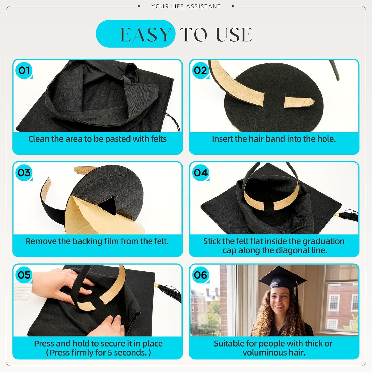 Graduation Cap Headband Insert - No-Slip Mortarboard Stabilizer Band with Adhesive Pad | Keeps Cap Secure & Level