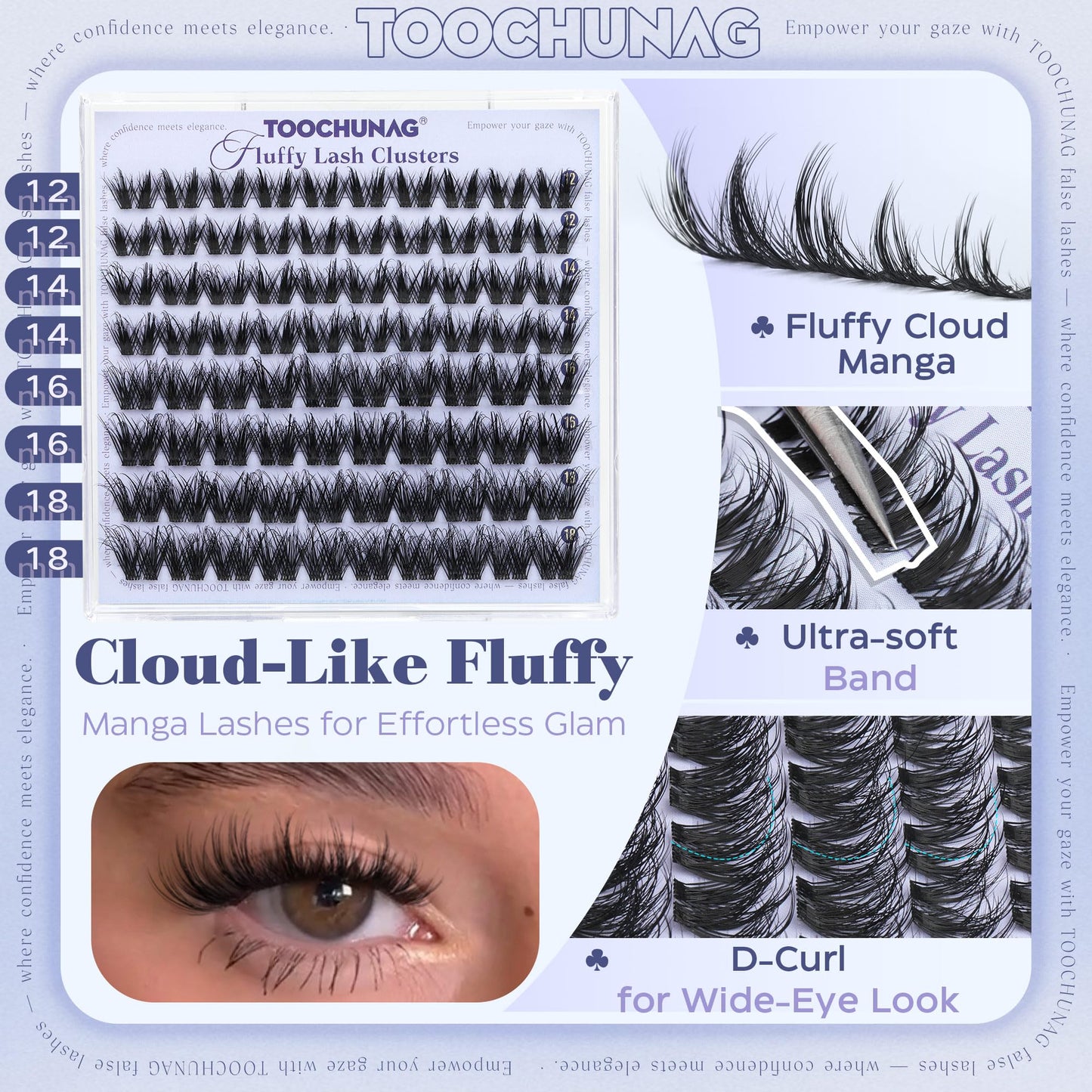 TOOCHUNAG Fluffy Lash Clusters D Curl Eyelash Clusters 12-18mm Volume Manga Cluster Lashes Extension False Mink Eyelashes Spiky Individual Lash Extensions