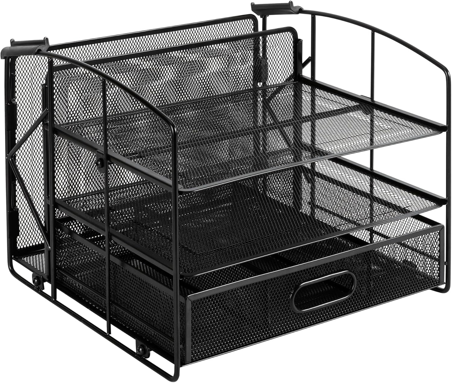 Sturdy Rectangular Desktop Organizer - 3 Trays, Sliding Drawer & File Holder | Black Office Supply Storage