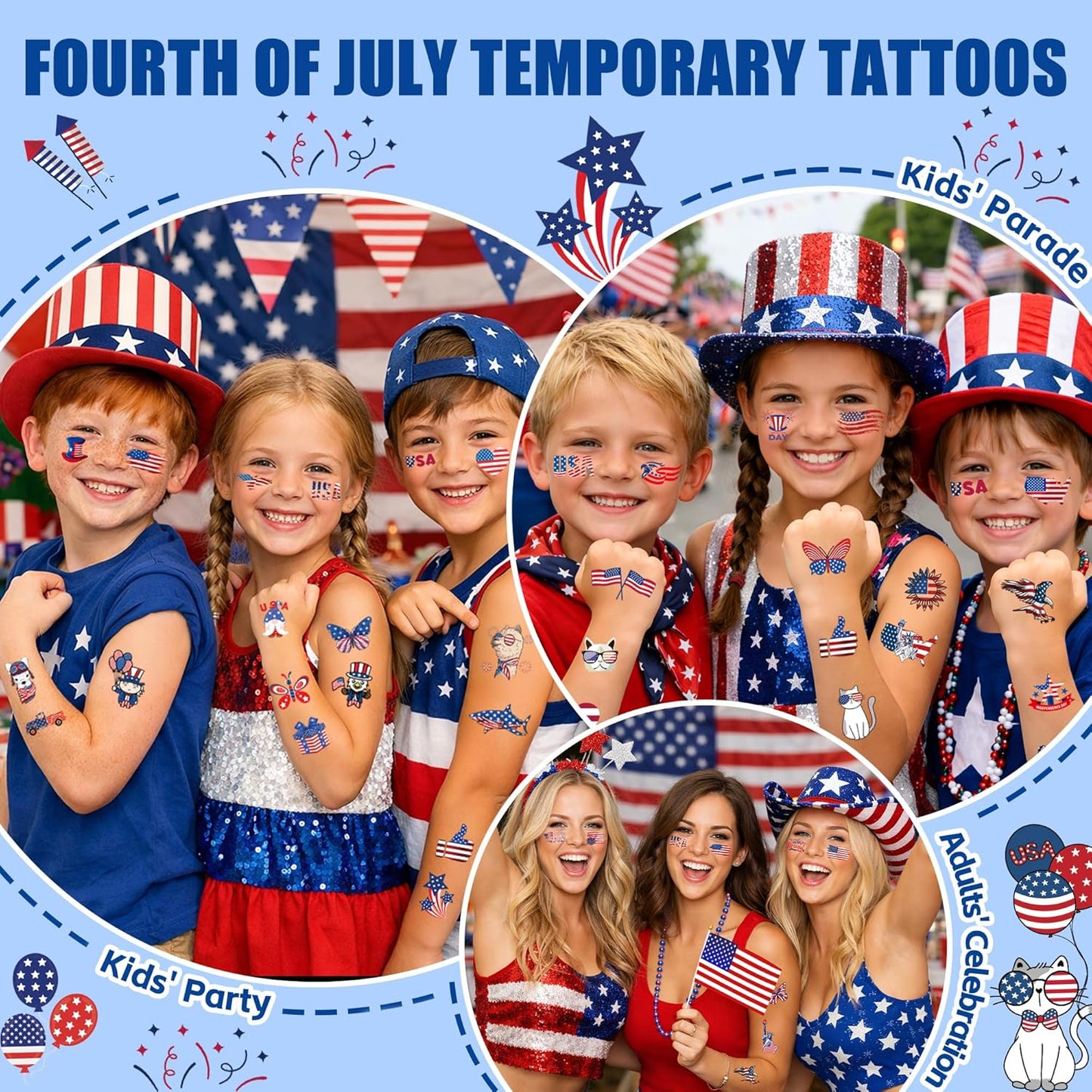 150PCS 4th of July Temporary Tattoos - Patriotic USA Flag Designs for Kids | Independence Day Party Favors & Decorations