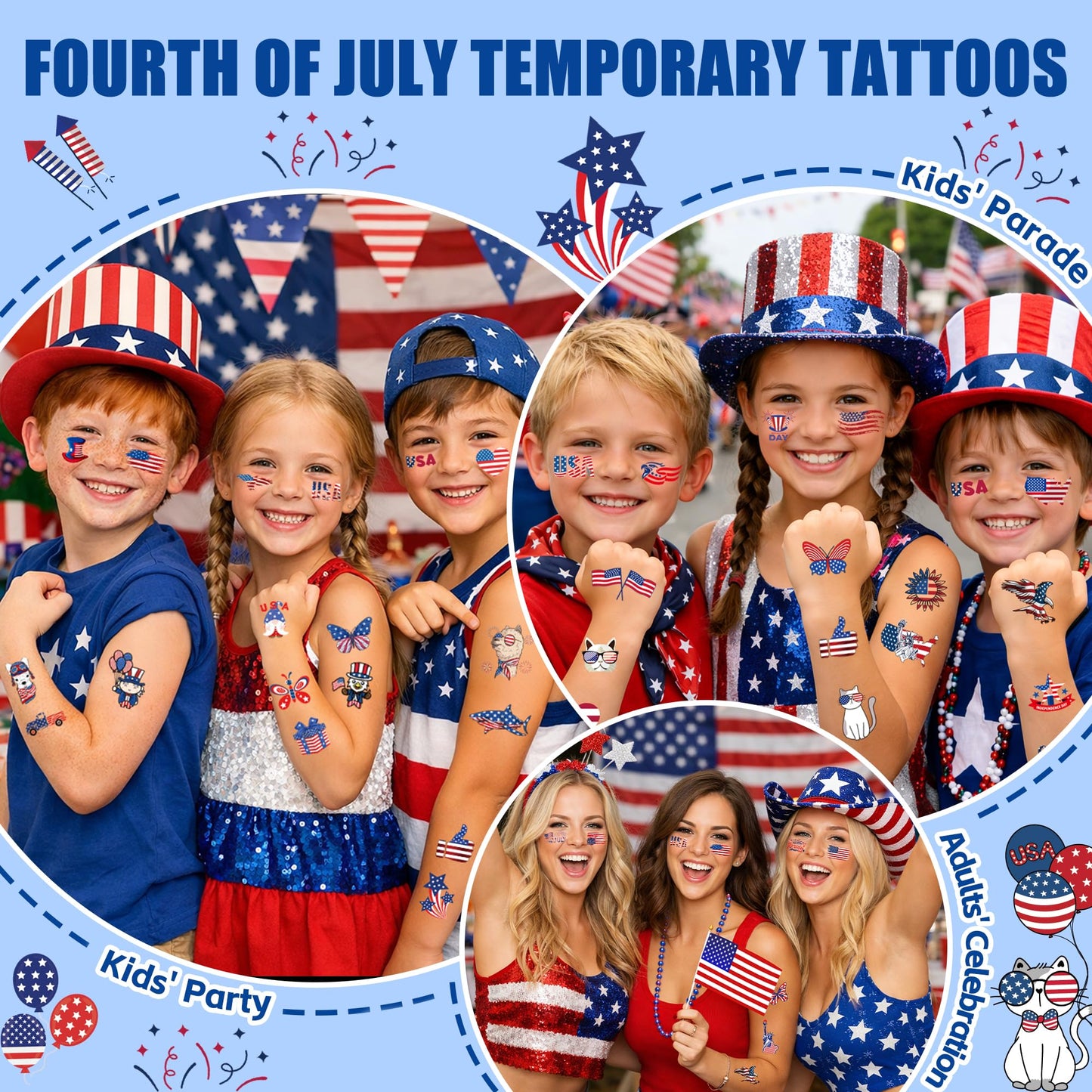 150PCS 4th of July Temporary Tattoos for Kids, Fourth of July Decorations, American Flag Red White and Blue Accessories Fake Tattoo Stickers, USA Independence Day Patriotic Party Favors Supplies Decor