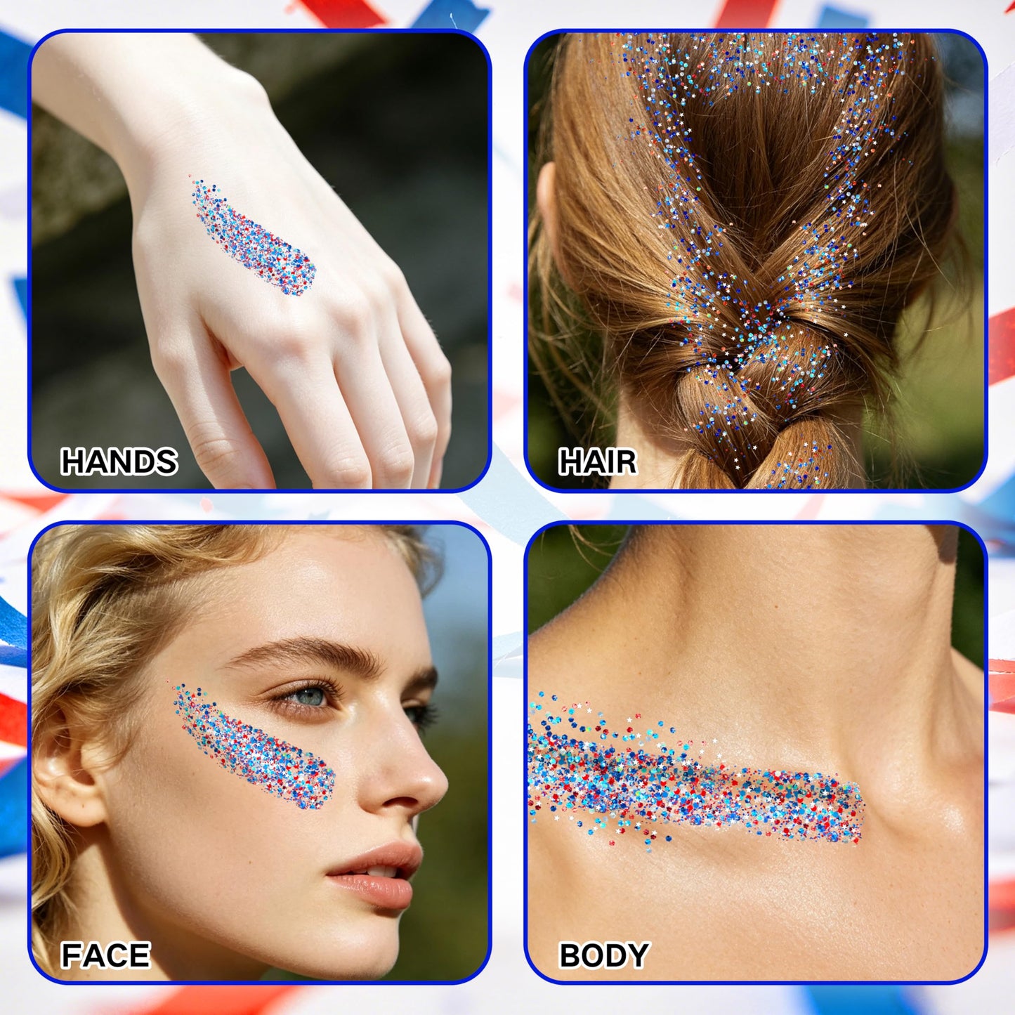 MEICOLY 4th of July Face Glitter Stick,1.23 OZ Red, White and Blue Hair Glitter Patriotic Accessories Outfits for Women,Chunky Fourth of July Body Glitter Makeup for Independence Day