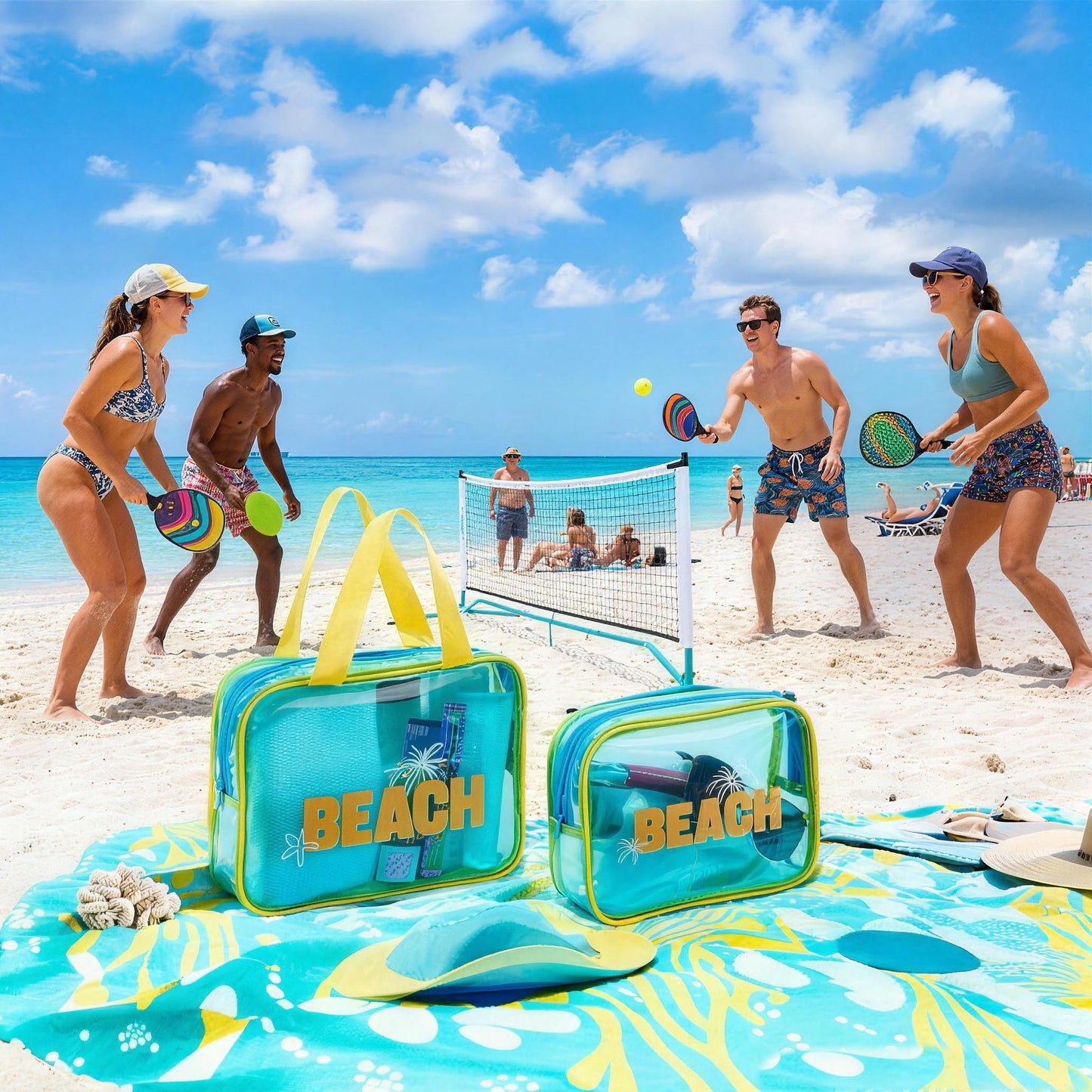 COSHAYSOO 2 Pcs Clear Sunscreen Bag with Letter, Waterproof PVC Beach Bag, Summer Beach Vacation Essential, Spf Pouch Accessories, Large Sun Screen Bag for Travel, Pool Gift for Women Teen Girls(Blue)
